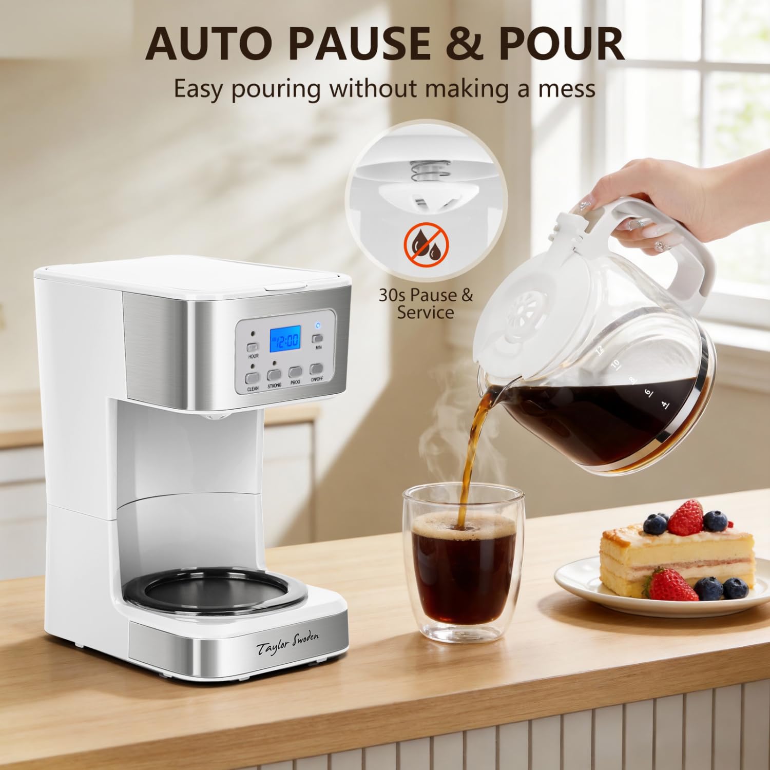 Taylor Swoden 12-Cup Programmable Coffee Maker, Regular & Strong Brew Drip Coffee Machine for Home and Office, Glass Carafe, Pause & Serve, Auto Shut Off, Black & Stainless Steel