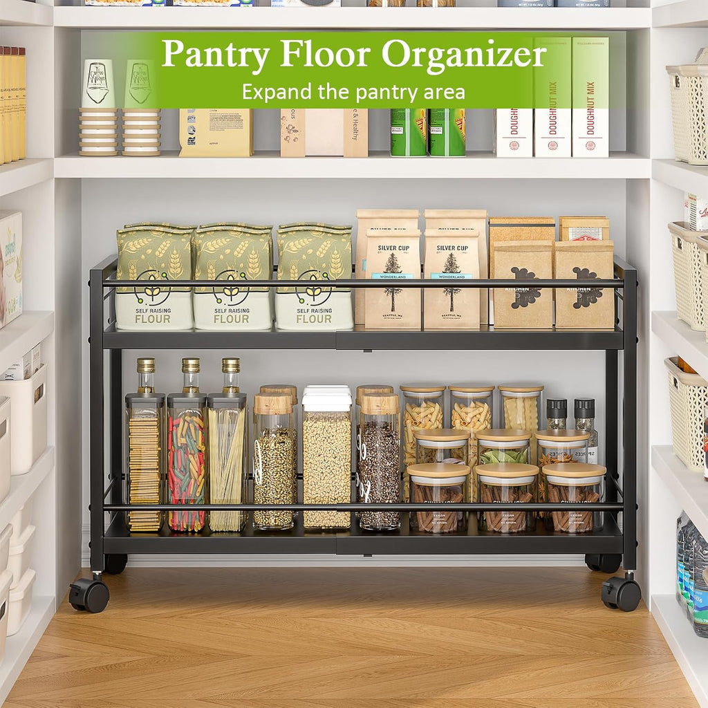 2-Tier 1 Pack Expandable Pantry Floor Organizer Cart, Rolling Pantry Storage Cart with Wheel, Adjustable Can Organizer for Kitchen Pantry, Pantry Shelves and Storage Rack for Snacks, Vegetables, Black