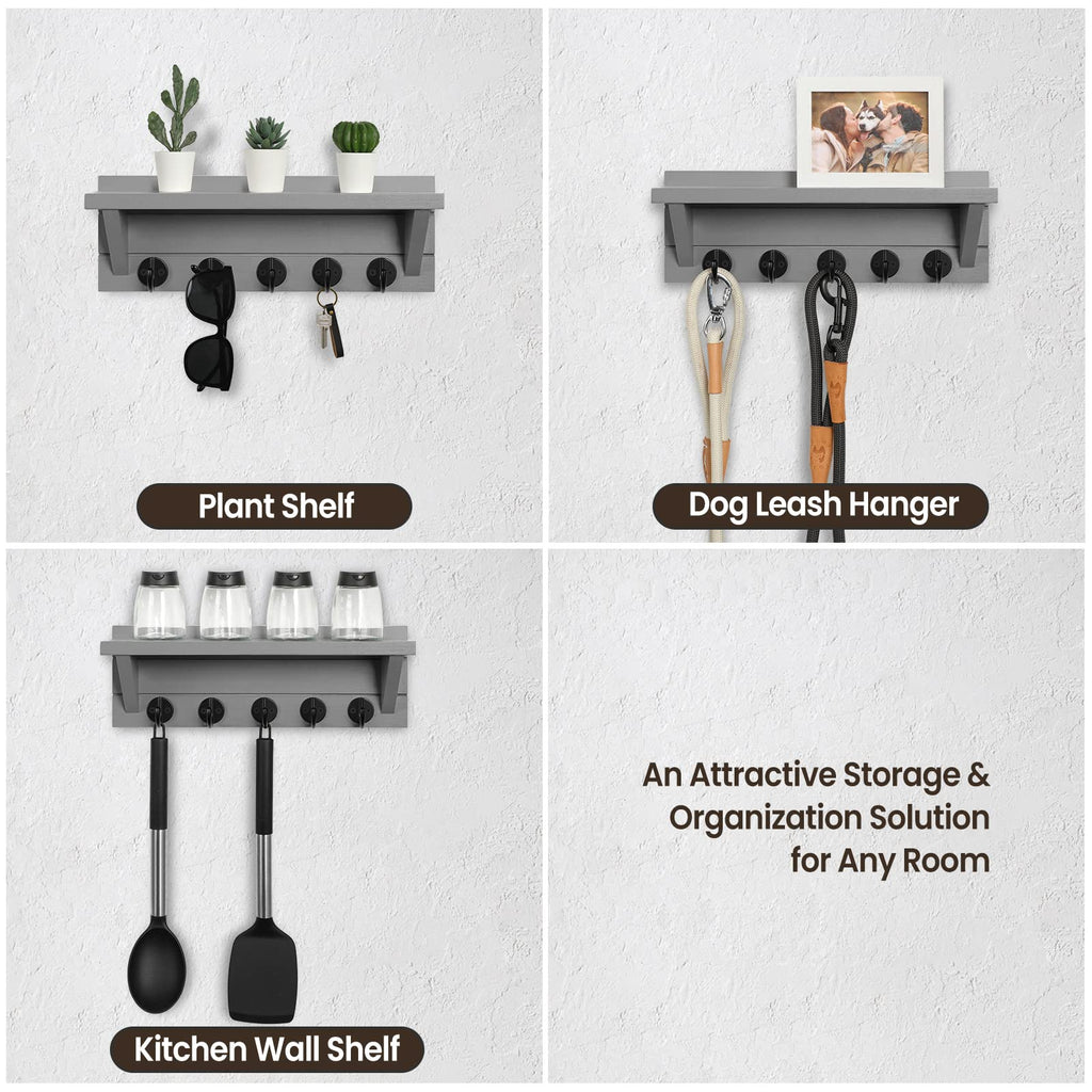 Wall Key Holder with Shelf, Rustic Shelf with Hooks Made of Paulownia Wood Holds Keys, Dog Leash, Bags and More - 13.7" W x 4.7" H x 3.5" D Decorative Key Hanger and Entryway Shelf (Gray)