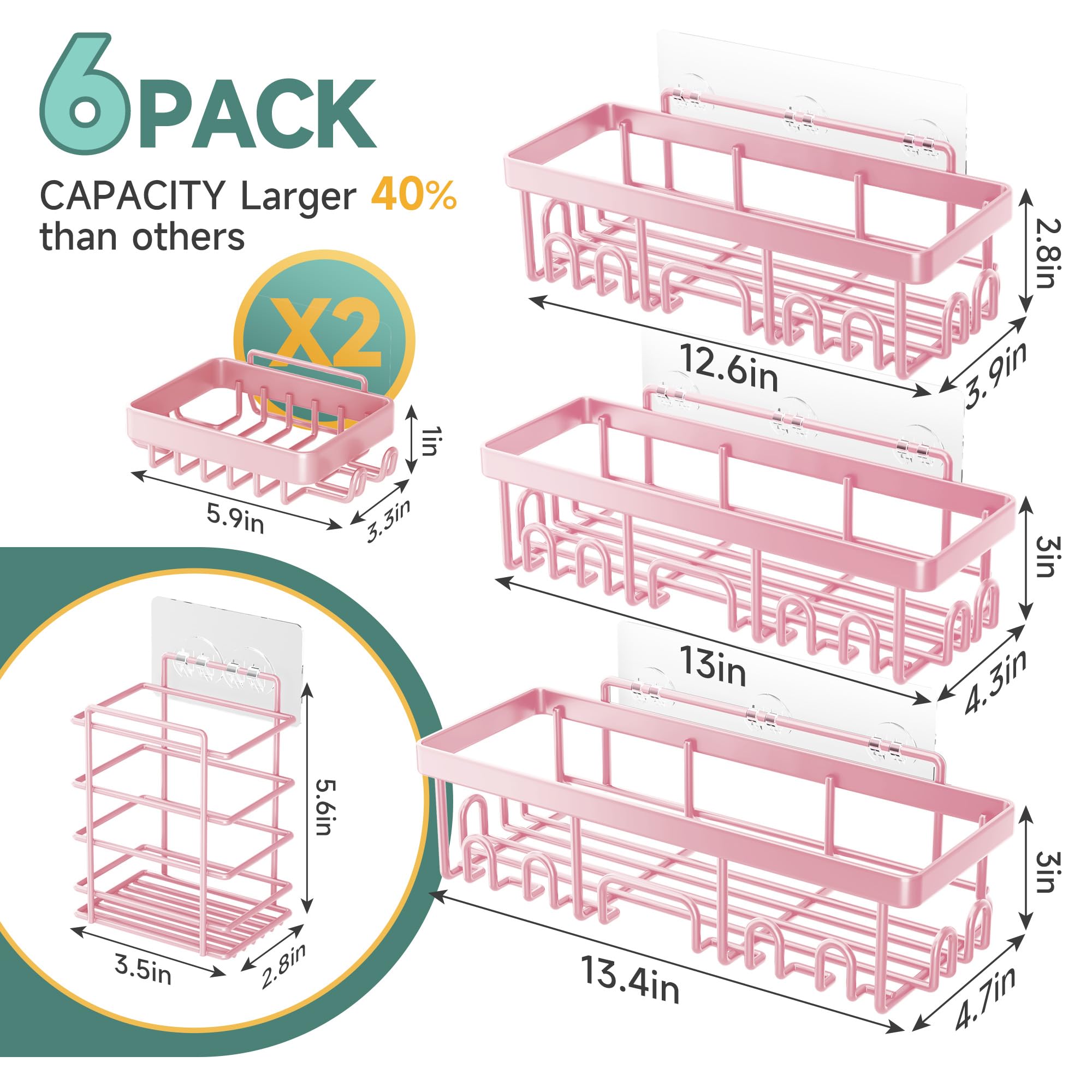 Veken Shower Caddy 6-Pack, Advanced Rustproof Design, No Drilling Adhesive Shelves, Rack with Soap Holder, Large Capacity Bathroom Organizers and Storage, Wall-Mounted Kitchen & Home Decor