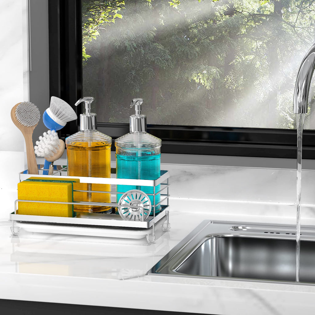 Cisily Black Sponge Holder for Kitchen, Sink Caddy Sink Organizer Rack for Kitchen Accessories with Drip Tray, Rustproof and Non-slip, Soap Dispenser Countertop Organizer Essentials for New Home