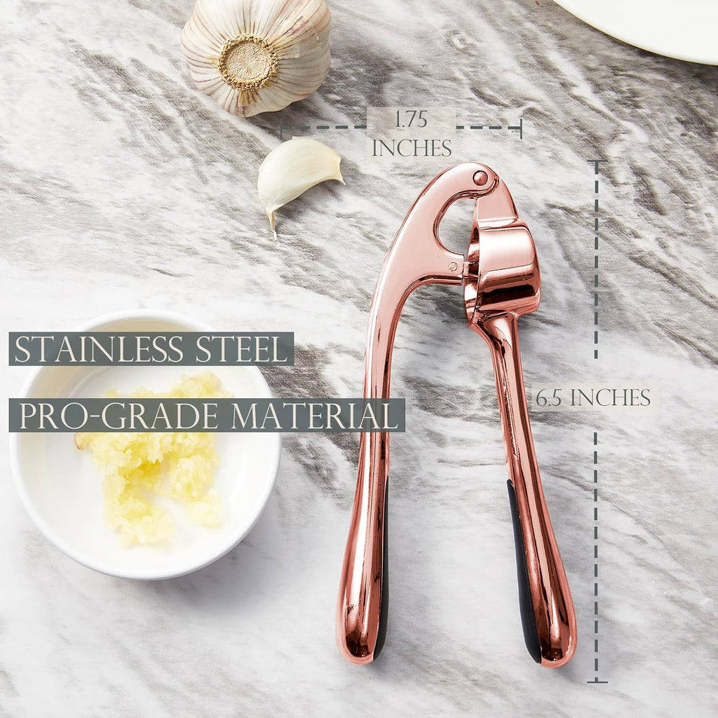 Kitessensu High Effective Premium Garlic Press Set, With Silicone Garlic Peeler & Brush, Heavy Duty Garlic Mincer, Easy to Squeeze and Clean, Rust Proof & Dishwasher Safe - Rose Gold