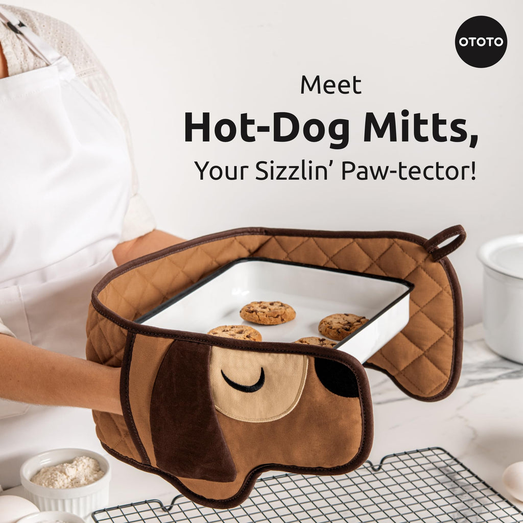 OTOTO Hot-Dog Double Oven Mitts Cute Funny - Gifts for Dog Lovers, Dachshund Themed Gifts, Heat Resistant, Kitchen Gadgets (Brown)