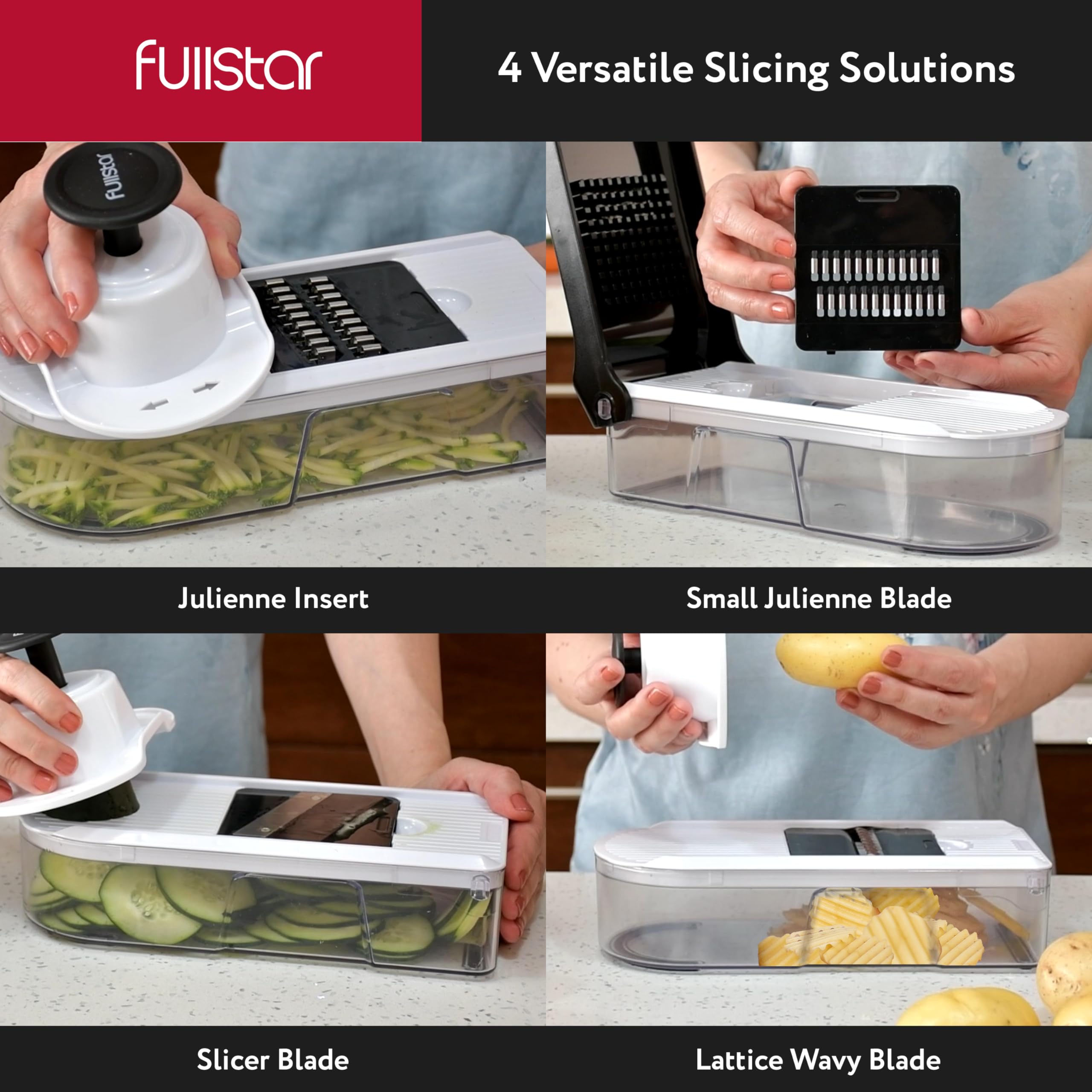 Fullstar Mandoline Slicer for Kitchen - Vegetable Chopper, Onion Potato Food Veggie Fruit Slicer and Cutter with Container, Kitchen Gadgets & Gifts, Home Essentials (6-in-1, White/Black)