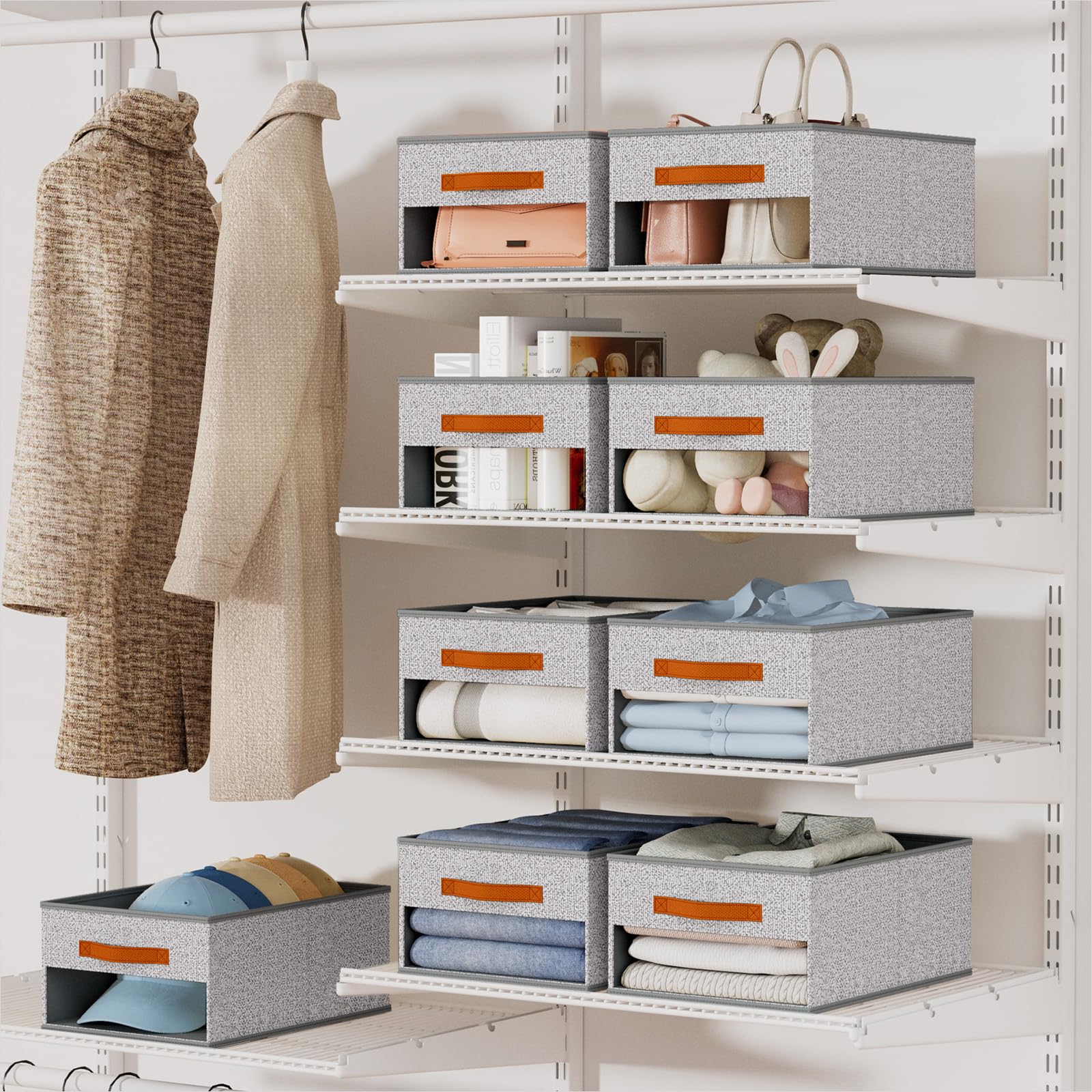 Homsorout Clothes Organizers and Storage - 4/5/7 Grids Fabric Jeans Organizer with Handles, Foldable Closet Organizers Dividers, Wardrobe organizer for Pant, Sweater, T-shirt, Scarf, 6 Pack, Beige