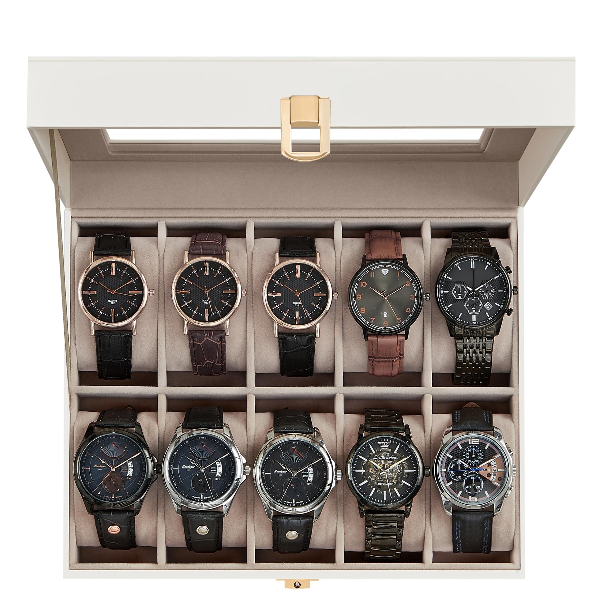 SONGMICS Watch Box, 12-Slot Watch Case Organizer with Large Glass Lid, Removable Pillows, Gift for Loved Ones, Black Synthetic Leather, Gray Lining UJWB12BK