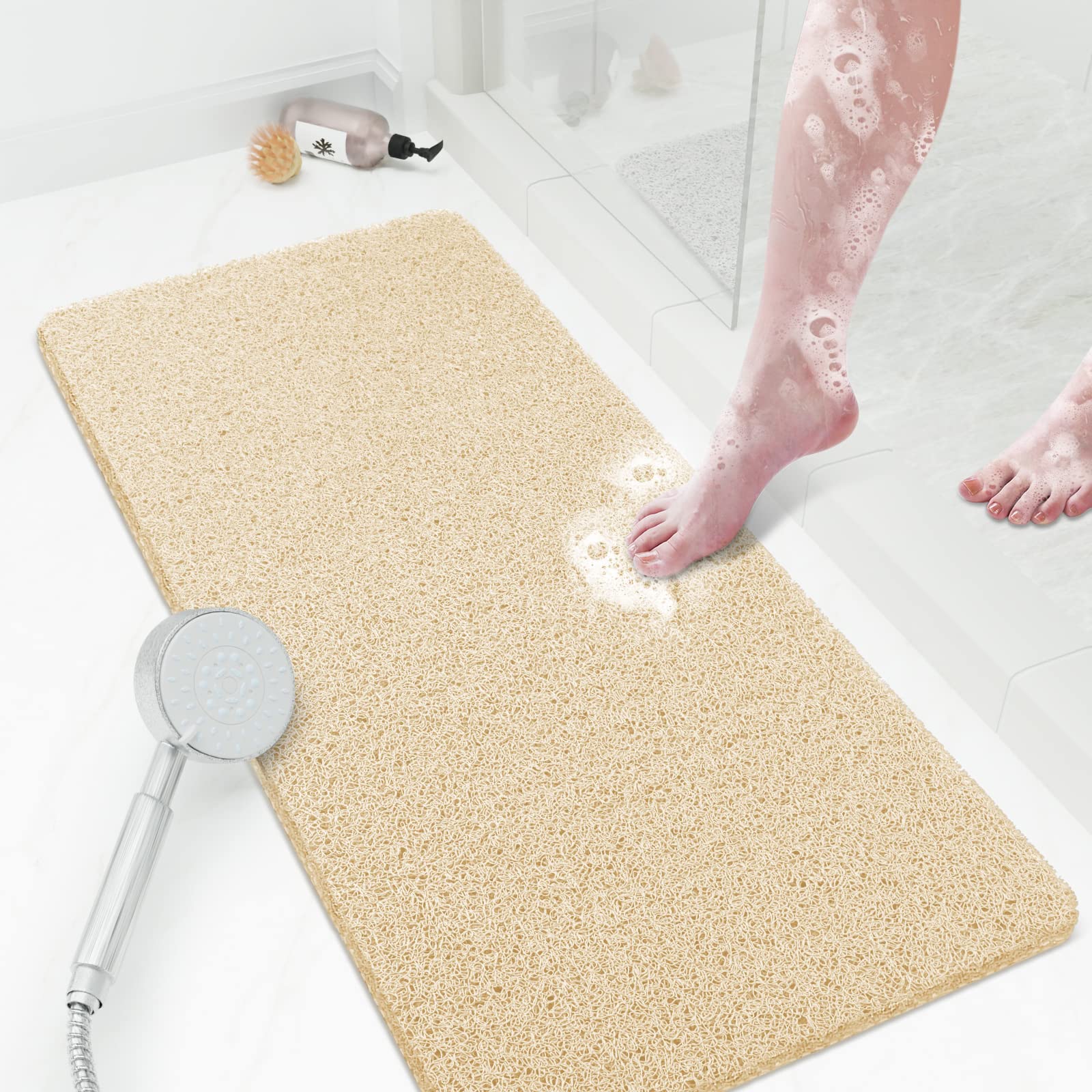 PVC Loofah Shower/Bathtub Mat Non-Slip, 24x16 inch, Soft Tub Mat with Drain, for Tub and Bathroom,Quick Drying,Grey