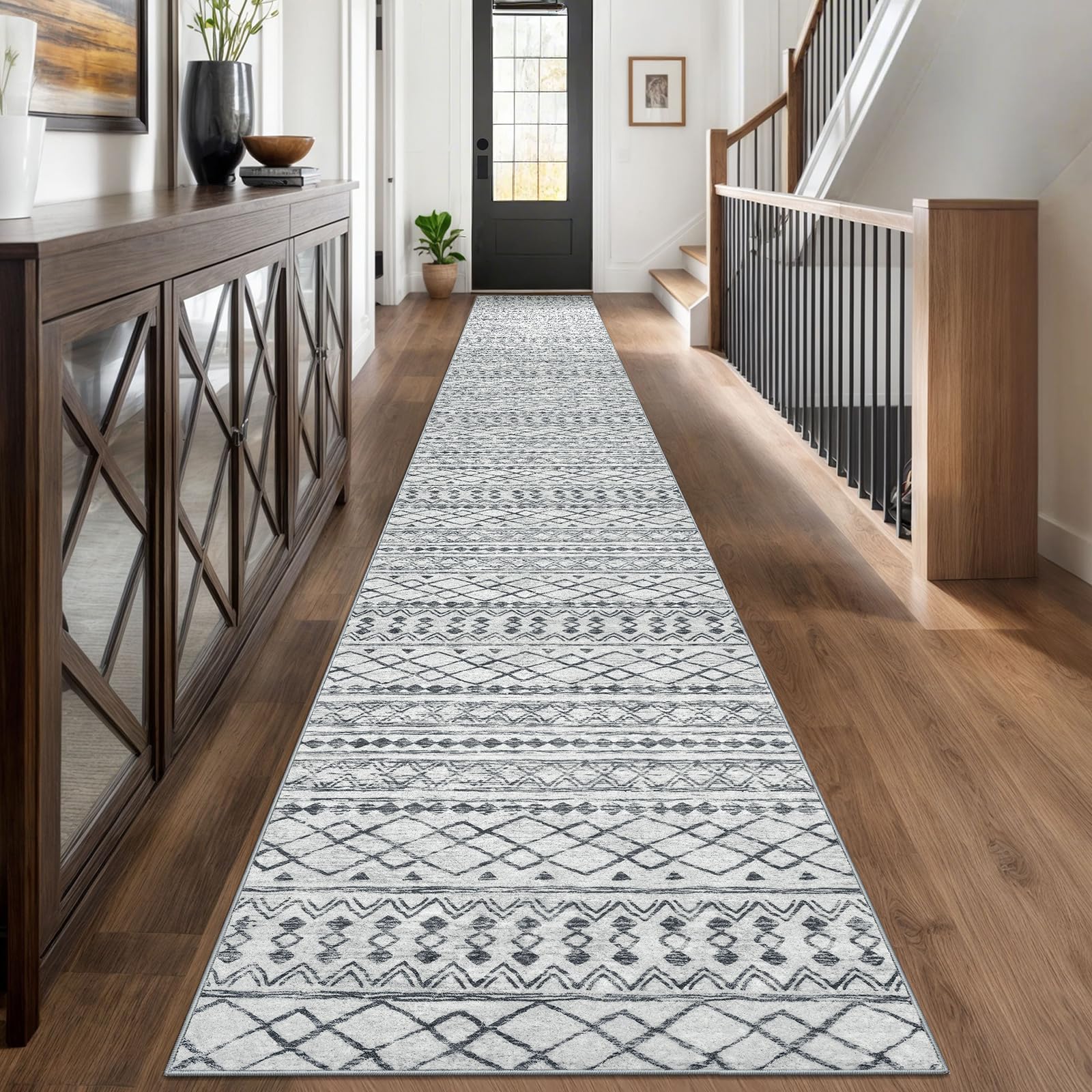KUTA Washable Non-Slip Rugs for Entryway 2x3, Grey Moroccan Boho Small Area Rug, Ultra Soft Vintage Geometric Low-Pile Indoor Door Mat Floor Carpet for Indoor, Entrance, Kitchen, Bathroom, Bedroom