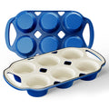 HONGBAKE Everline Collection Enameled Cast Iron Muffin Pan, Non Tocix Naturally Muffin Tin 6, Non Stick Cup Cake Pans for Baking, Oven & Stovetop Safe, Standard Size, 2 Pack, Blue