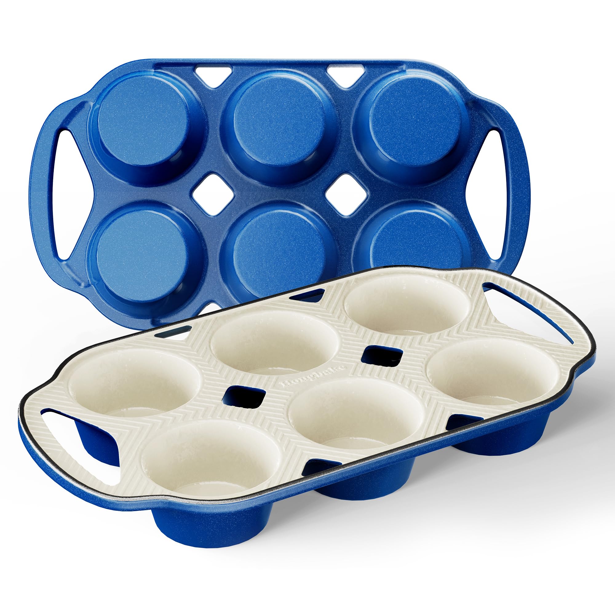 HONGBAKE Everline Collection Enameled Cast Iron Muffin Pan, Non Tocix Naturally Muffin Tin 6, Non Stick Cup Cake Pans for Baking, Oven & Stovetop Safe, Standard Size, 2 Pack, Blue