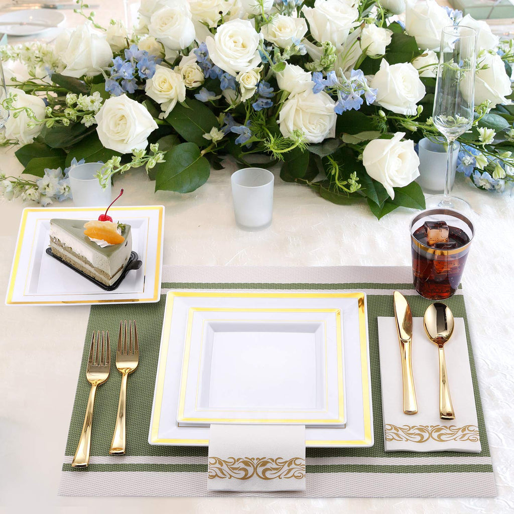 FOCUSLINE 350 Ct Disposable Dinnerware Set for 50 Guests -Heavy Duty Plastic Plates with Gold Rim, Includes 50 Dinner & Salad Plates, Cups, Napkins, Cutlery Set