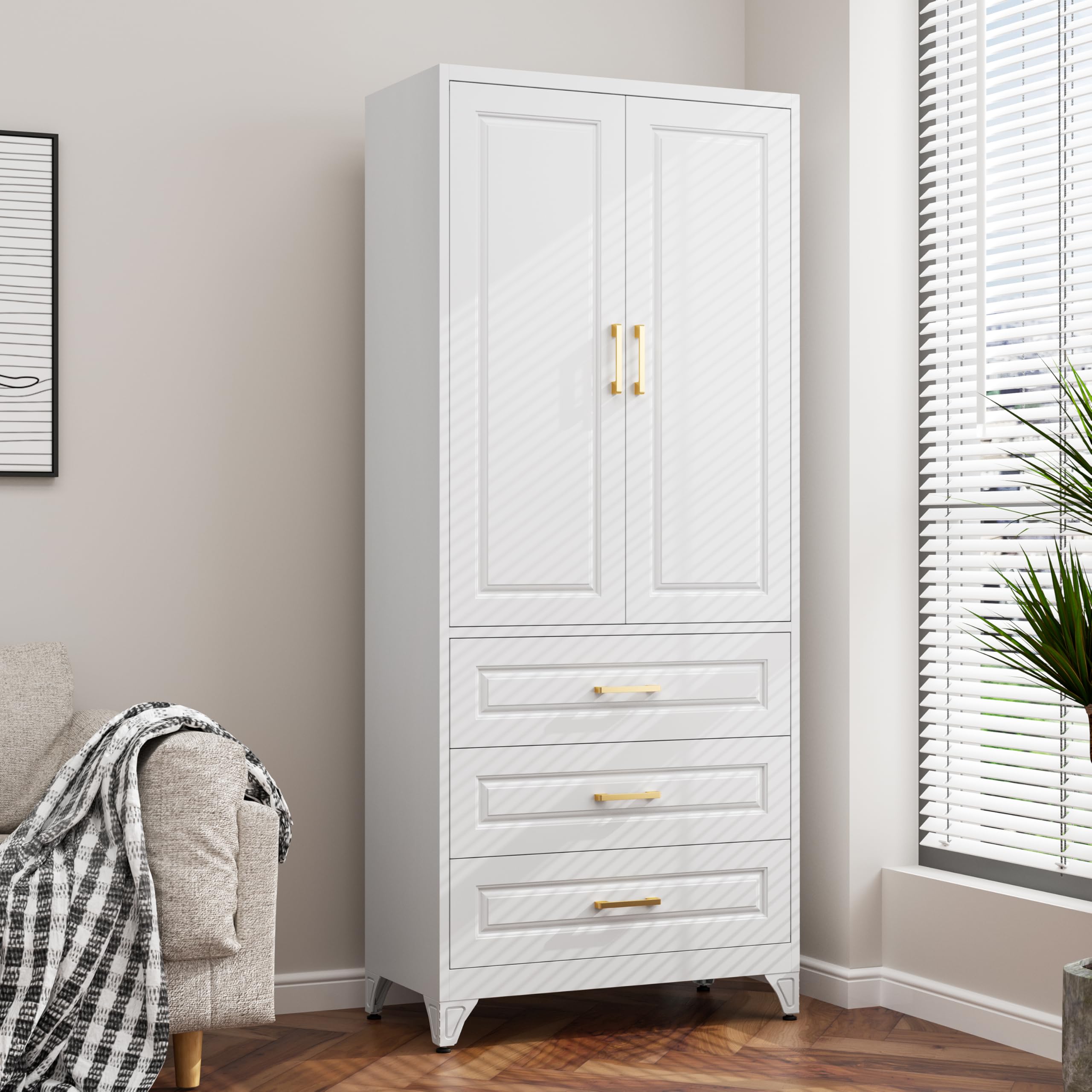 75" Tall Metal Kitchen Storage Cabinet,White Kitchen Pantry Storage Cabinet with Doors and 4 Adjustable Shelves,Utility Cabinet for Living Room,Garage,Dining Room and Office,Assemble Required