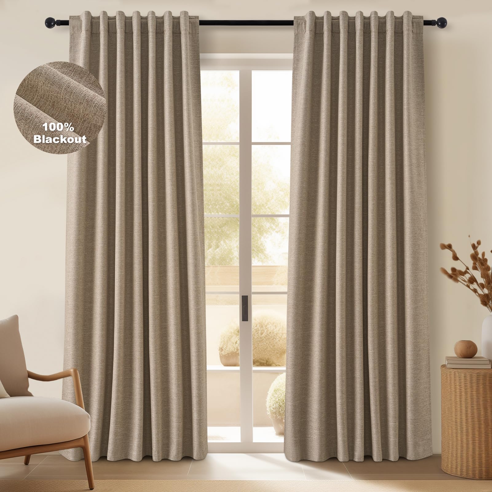 Topfinel Cream Linen Blackout Curtains 84 Inch Long for Bedroom Living Room, Ivory Pinch Pleat Back Tab Full Blackout Drapes Farmhouse Boho Curtains for Window, White Neutral Curtains 52" X 84" 7 FT