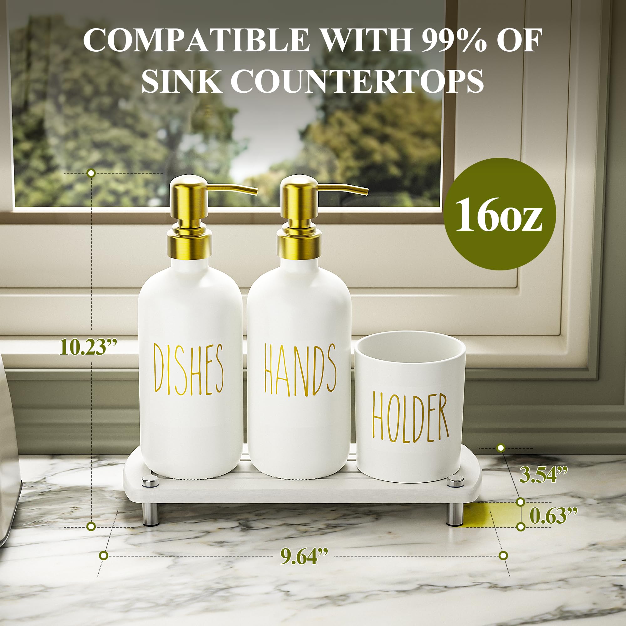 Cisily Kitchen Soap Dispenser Set Comes with Ceramics Sponge Holder, Gold Pumps, and Instant Dry Tray, Hand and Dish Soap Dispenser Set (4, Gold + White + Sponge Holder)