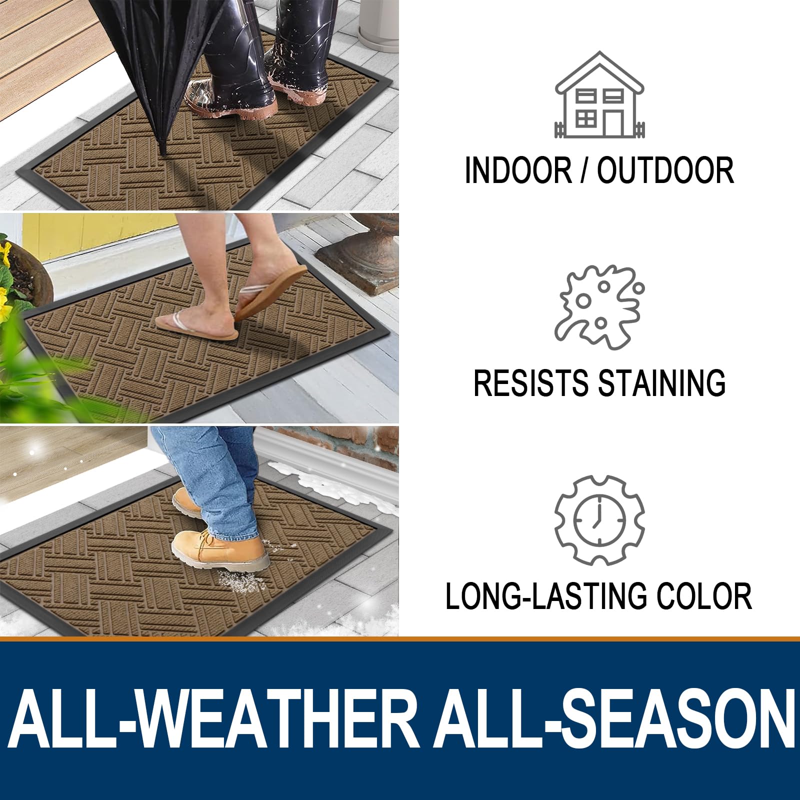 OLANLY Indoor Outdoor Mat, Sturdy Natural Rubber Floor Mat, Non Slip Low Profile Waterproof Doormat, and Stain Front Door Mats, Easy Clean Patio Entrance Mat, 30''x17'', Black