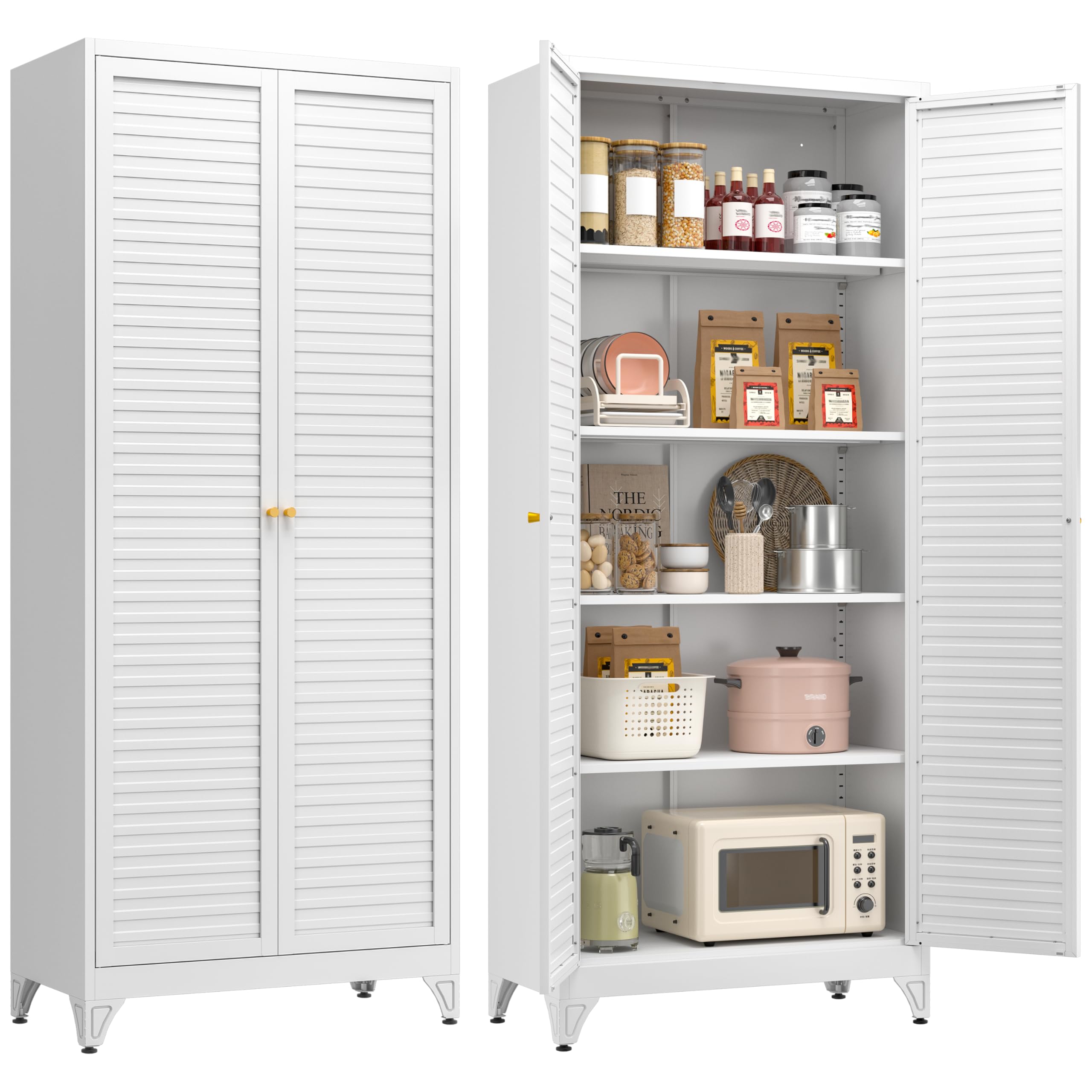 Polup White Kitchen Pantry Cabinet, 71 Inch Tall Metal Storage Cabinet with Doors and Shelves, Pantry Cabinets for Kitchen Storage, Freestanding Cupboard for Living, Dining Room, Assemble Required