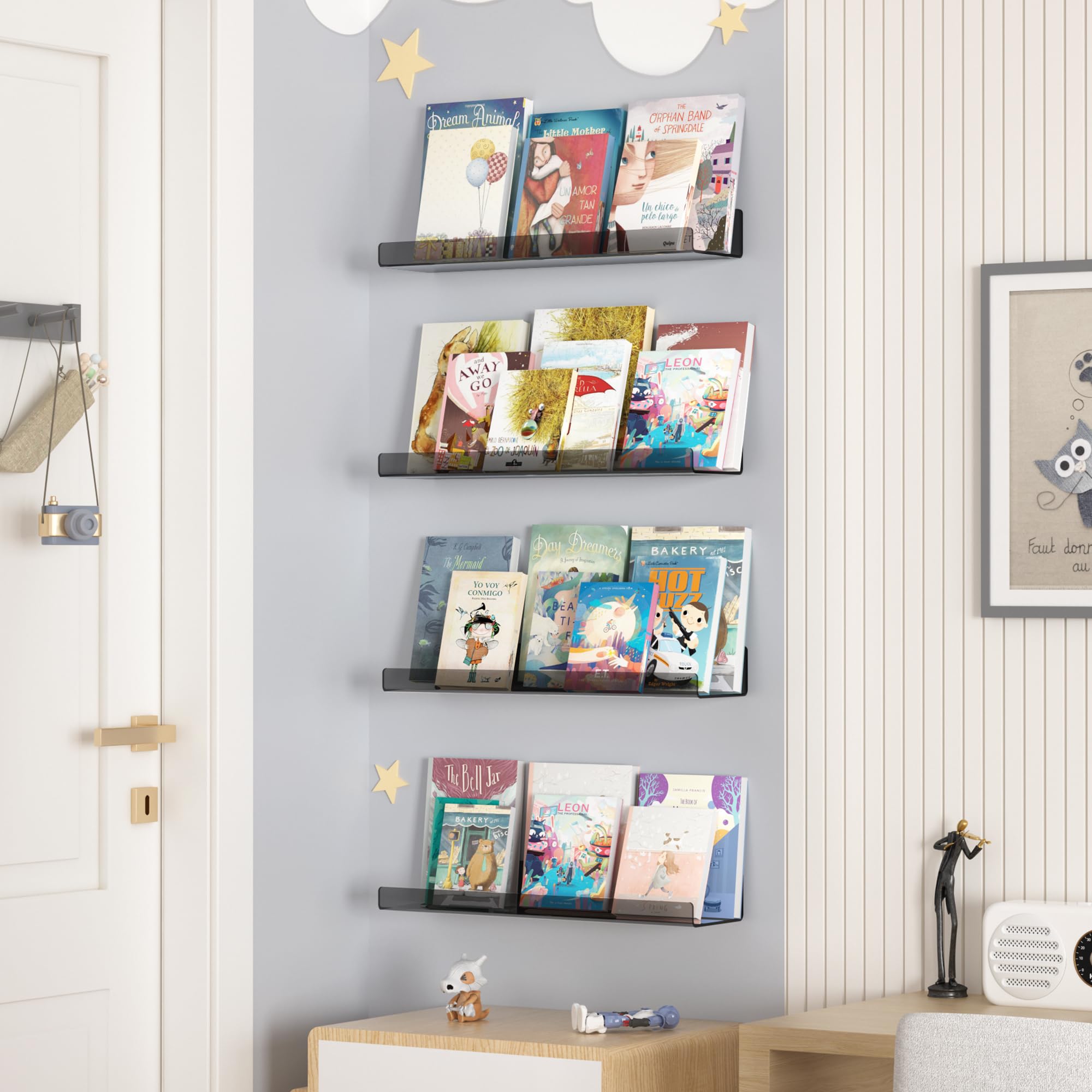 upsimples Acrylic Shelves for Bathroom Storage, 15" Floating Shelves Wall Organizer for Perfume, Make up, Skincare, Kids Bookshelf for Bedroom, Nursery, Living Room Decor, Clear, 4 Pack