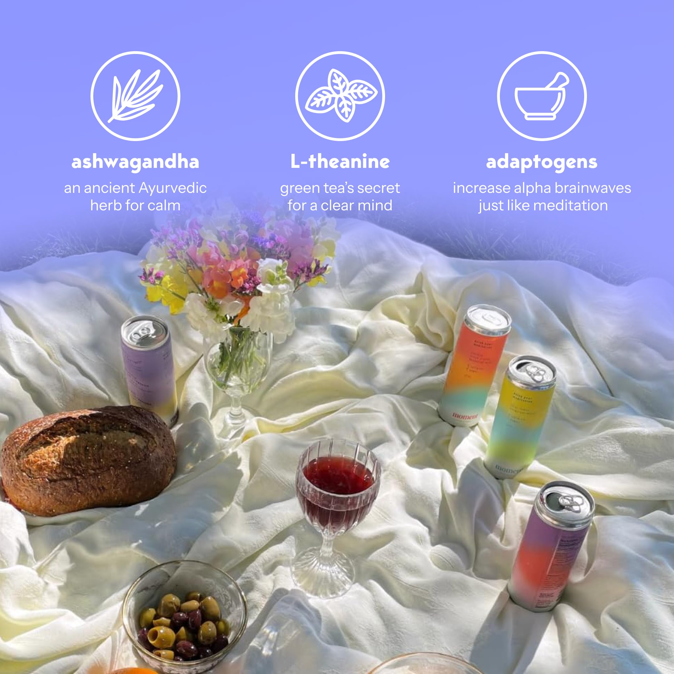 Moment Botanical Soda (Shark Tank) - Calm, Clarity & Relaxation with L-Theanine & Ashwagandha - Non Alcoholic Drinks for Adults - Sparkling Adaptogen Drink - 0 Sugar 0 Caffeine - 12 Pack 11.5 fl oz