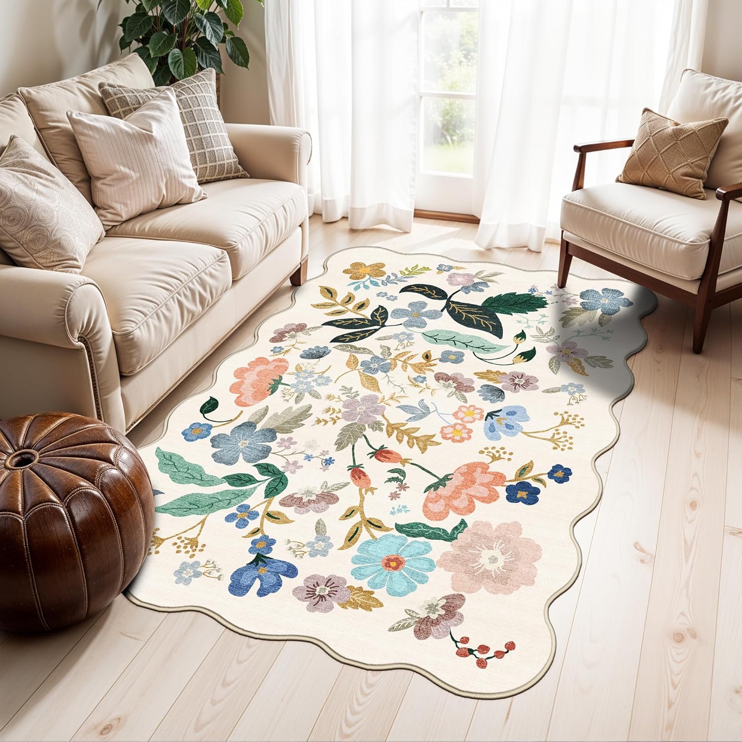 Washable 2x3 Entryway Area Rug - Neutral Kitchen Rug Runner Vintage Soft Floor Mat Non Slip Indoor Farmhouse Carpet for Bathroom Living Room Bedroom (2 X 3, Beige)