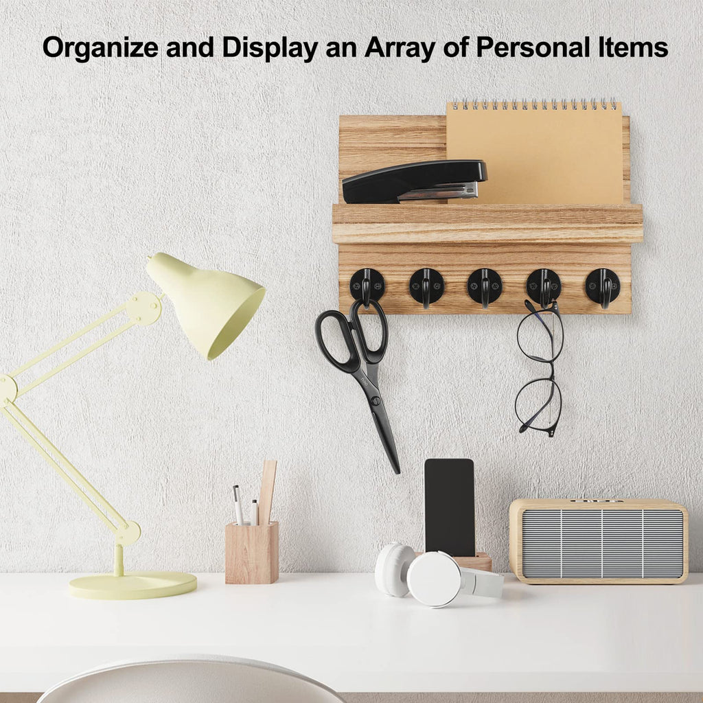 Key Holder for Wall, Decorative Key and Mail Holder with Shelf Has Large Hooks for Bags, Coats, Umbrella – Paulownia Wood Key Hanger with Mounting Hardware (9.8”W x 6.7”H x 4.2”D)