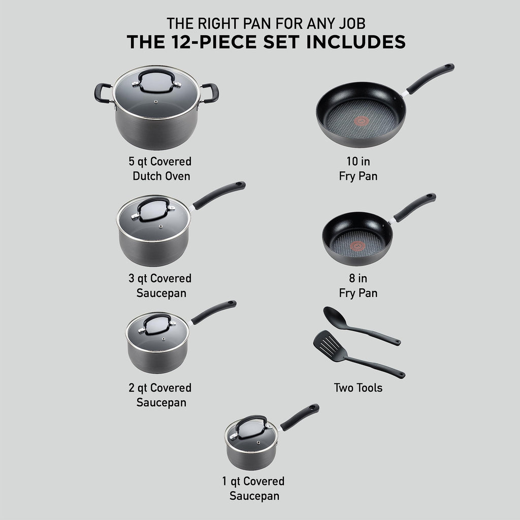 T-Fal Ultimate Hard Anodized Nonstick Pots and Pans Set 17 Piece, Nonstick Cookware Set with Fry Pan, Saucepans, Saute-Pan, Griddle, Dishwasher Safe, Onyx