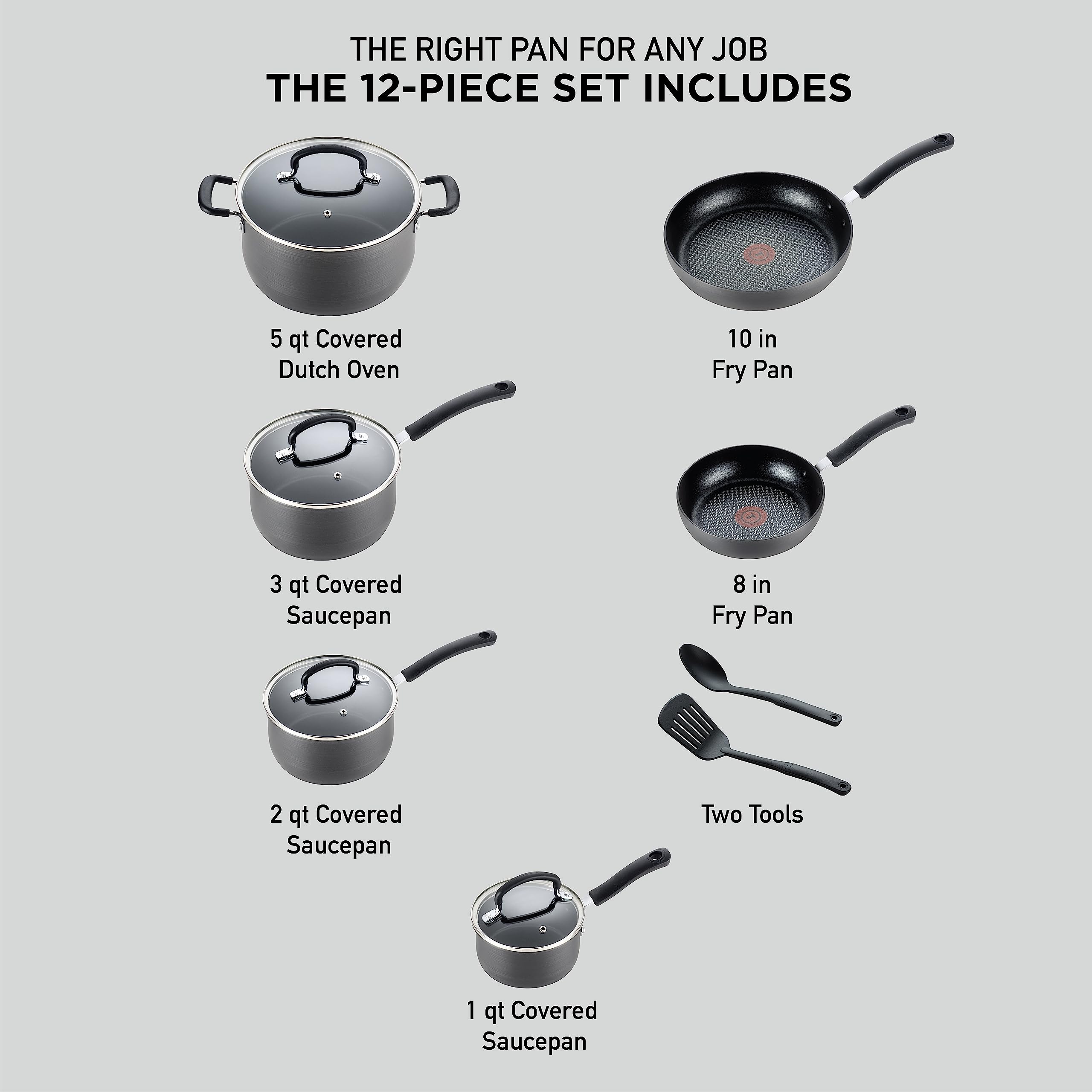 T-Fal Ultimate Hard Anodized Nonstick Pots and Pans Set 17 Piece, Nonstick Cookware Set with Fry Pan, Saucepans, Saute-Pan, Griddle, Dishwasher Safe, Onyx