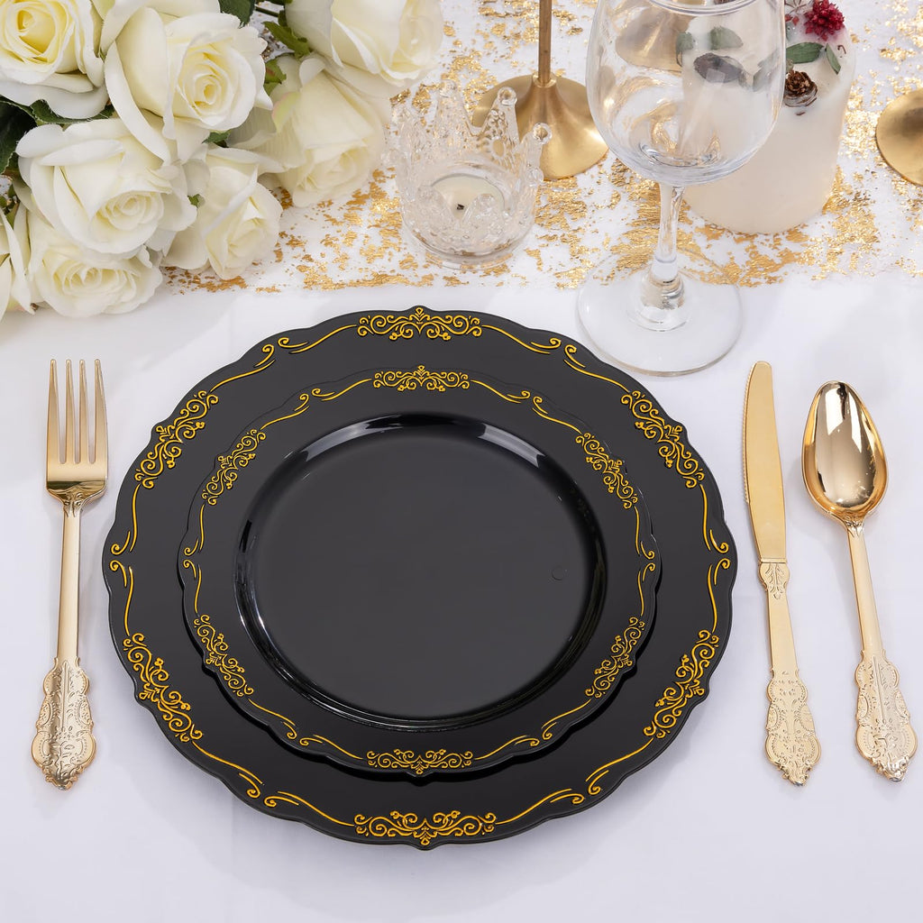 DaYammi 150Pcs Ivory Plastic Plates with Gold Rim,Disposable Plastic Plates Include 30 Dinner Plate,30 Salad Plate,30 Forks,30 Spoons,30 Knives,Ivory and Gold Plates for Party,Wedding,Mother's Day