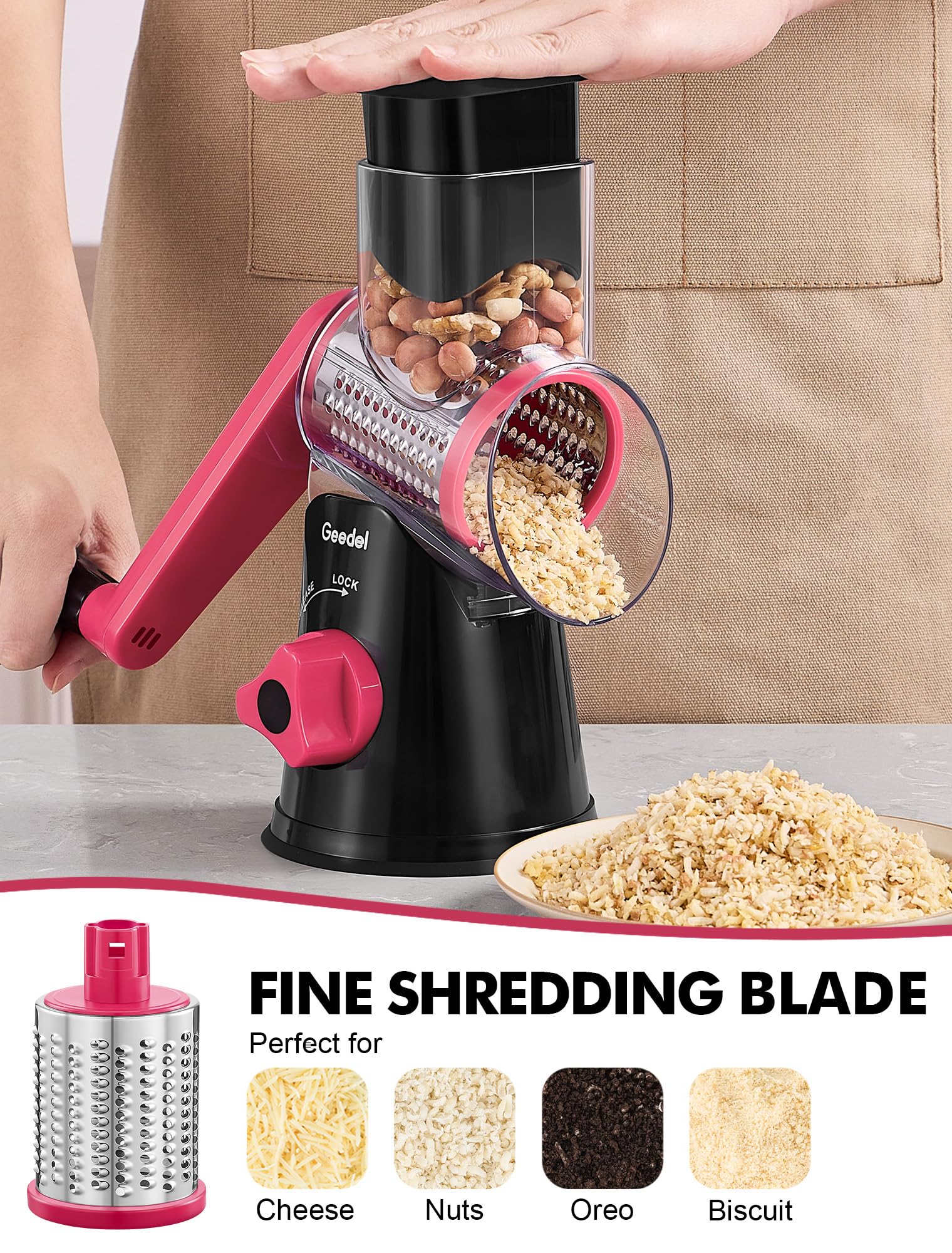 Geedel Rotary Cheese Grater, Kitchen Mandoline Vegetable Slicer with 3 Interchangeable Blades, Easy to Clean Rotary Grater Slicer for Fruit, Vegetables, Nuts