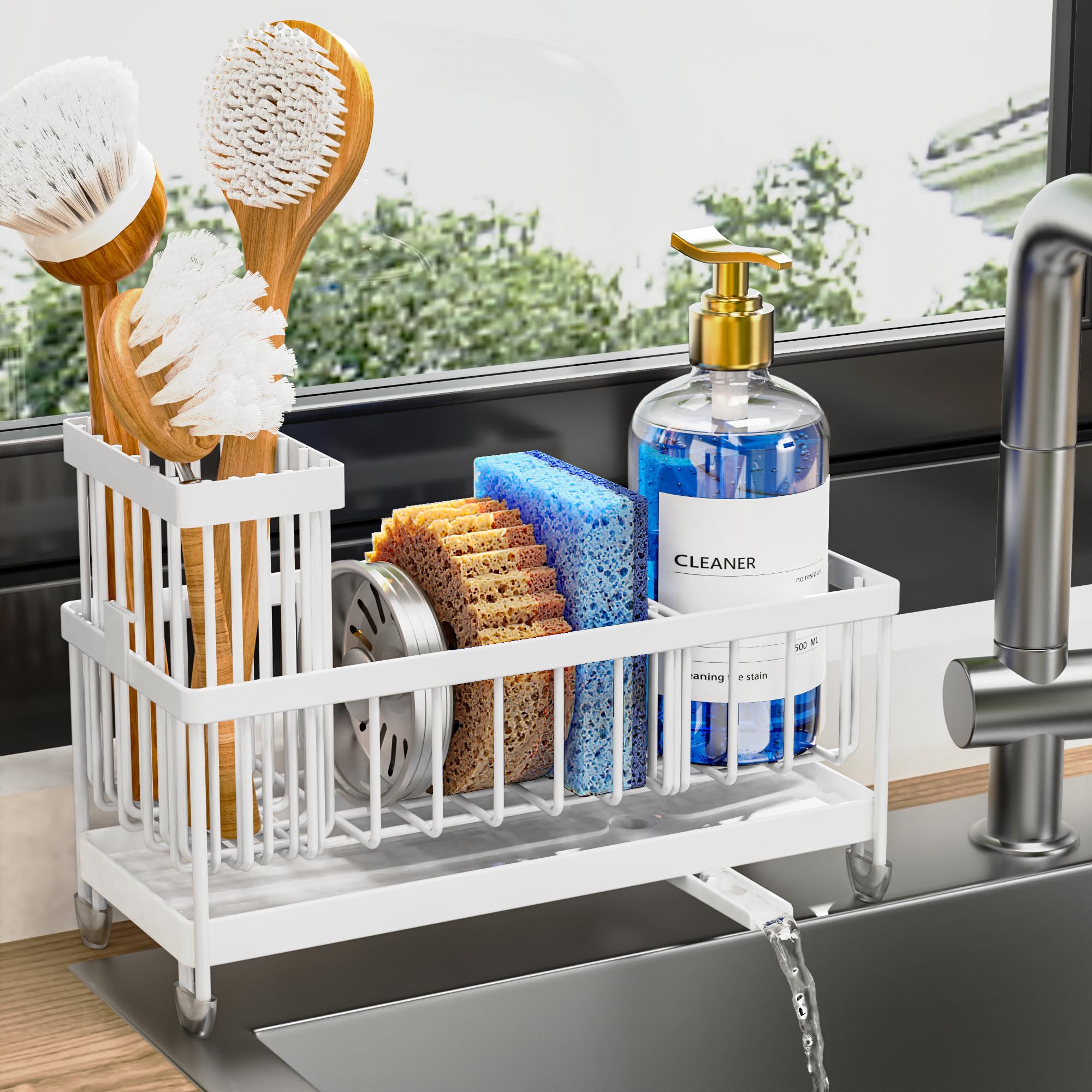 Cisily Sponge Holder for Kitchen Sink, Sink Caddy Organizer with High Brush Holder, Kitchen Countertop Organizers and Storage Essentials, Rustproof 304 Stainless Steel (Black, 9.25″)