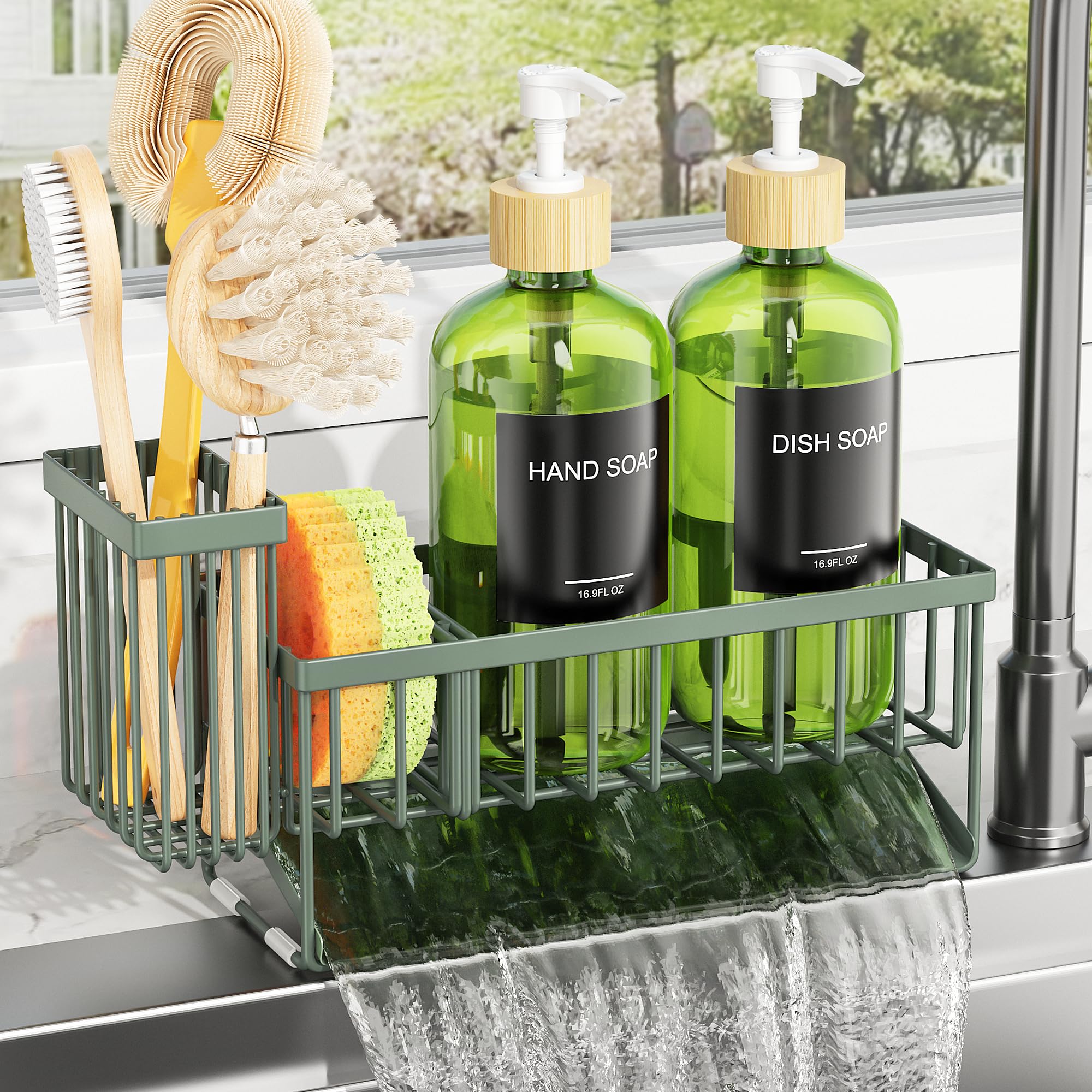 Cisily Kitchen Dish Soap Dispenser Set with 2 Pack 16.9oz Amber Glass Bottle and Sponge Holder, Dish Soap Dispensers with Adjustable Sponge Holder, Vintage Hand and Dish Soap Dispensers Set