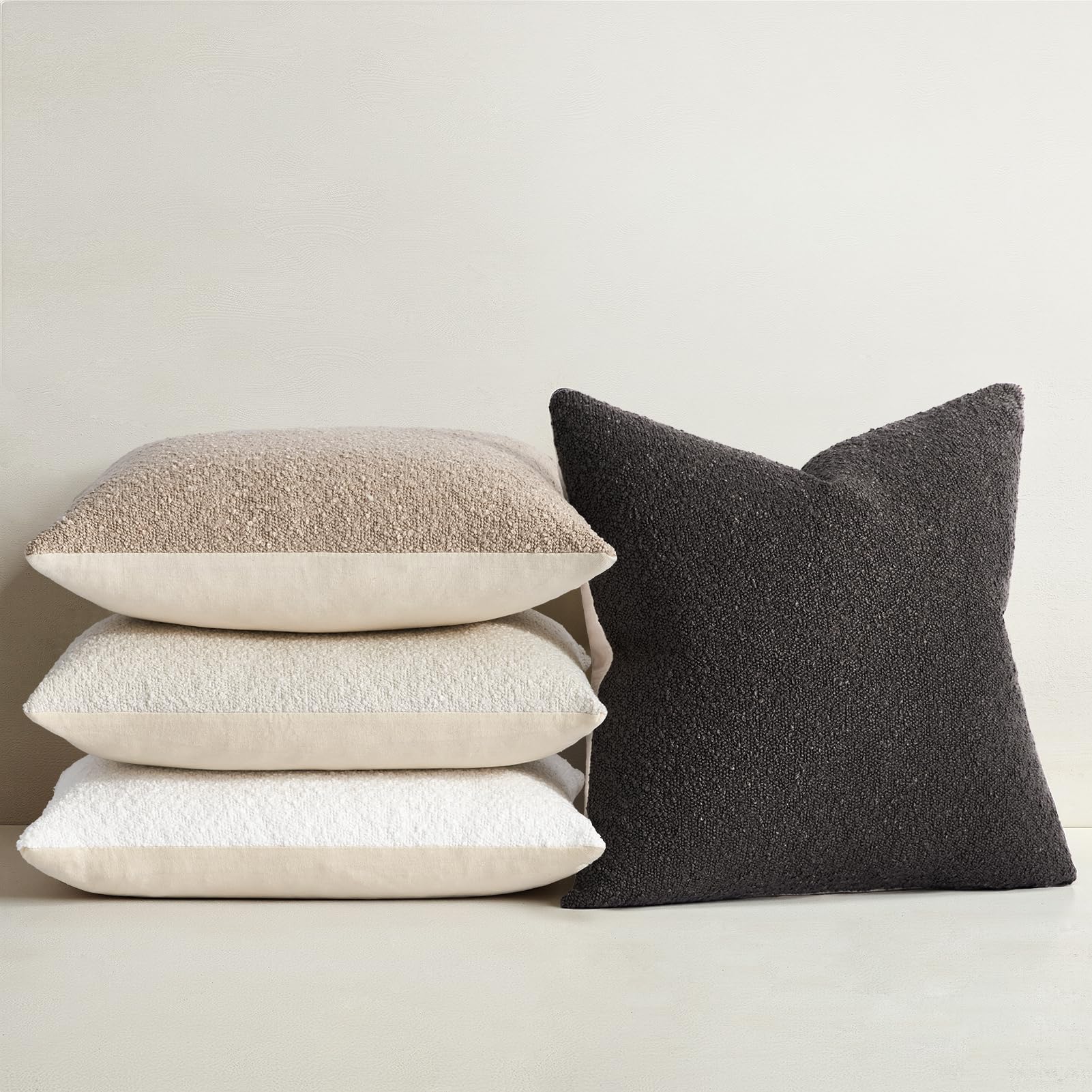 Topfinel Boucle Decorative Pillow Covers 18x18 Inches Set of 4 Neutral Cream Ivory White Pillowcase with Linen Cotton Back Chair Sofa Modern & Minimal Living Room Spring Home Decor