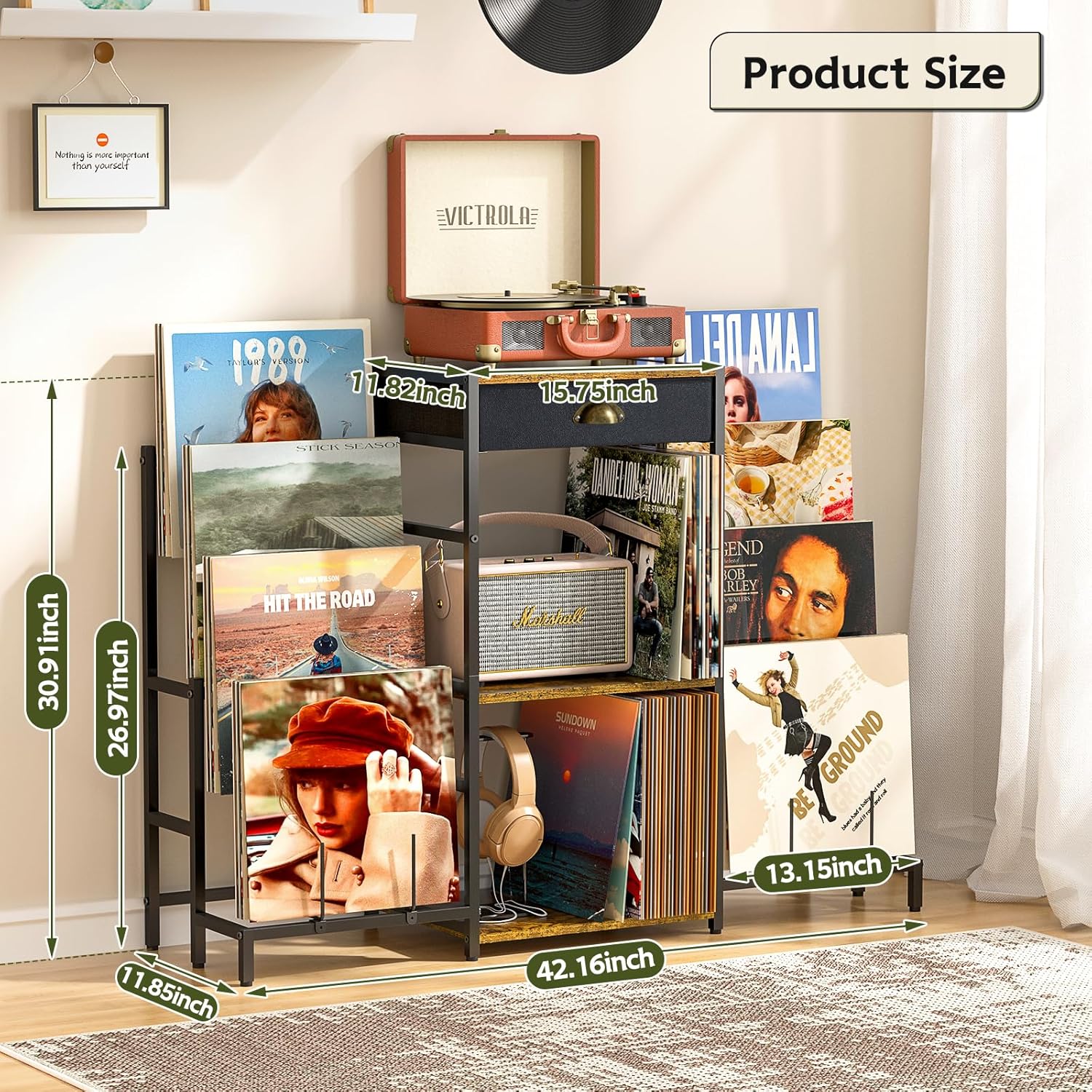 Record Player Stand with Vinyl Storage, Record Player Table with 8-Tier Display Shelf Up to 200 Albums, Vinyl Record Stand with Record Player Cabinet,Turntable Stand with Record Holder for Living Room