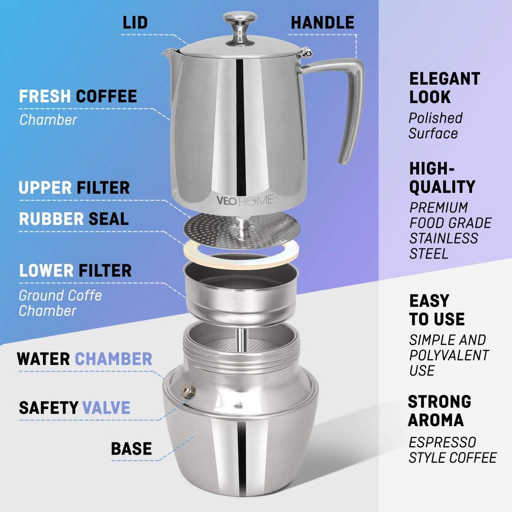 VeoHome Stovetop Espresso Coffee Maker - l Multi-Stove Stainless Steel Induction Moka Pot (300 mL)