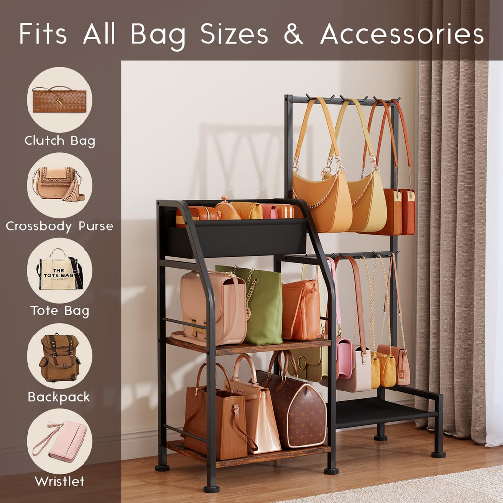 Homsorout Purse Organizer for Closet - Purse Rack Stand with 12 Hooks, 2 Wooden Shelves Purse Storage for Closet, Large Capacity Backpack Storage, Handbag Organizer for Home, Living Room, Black