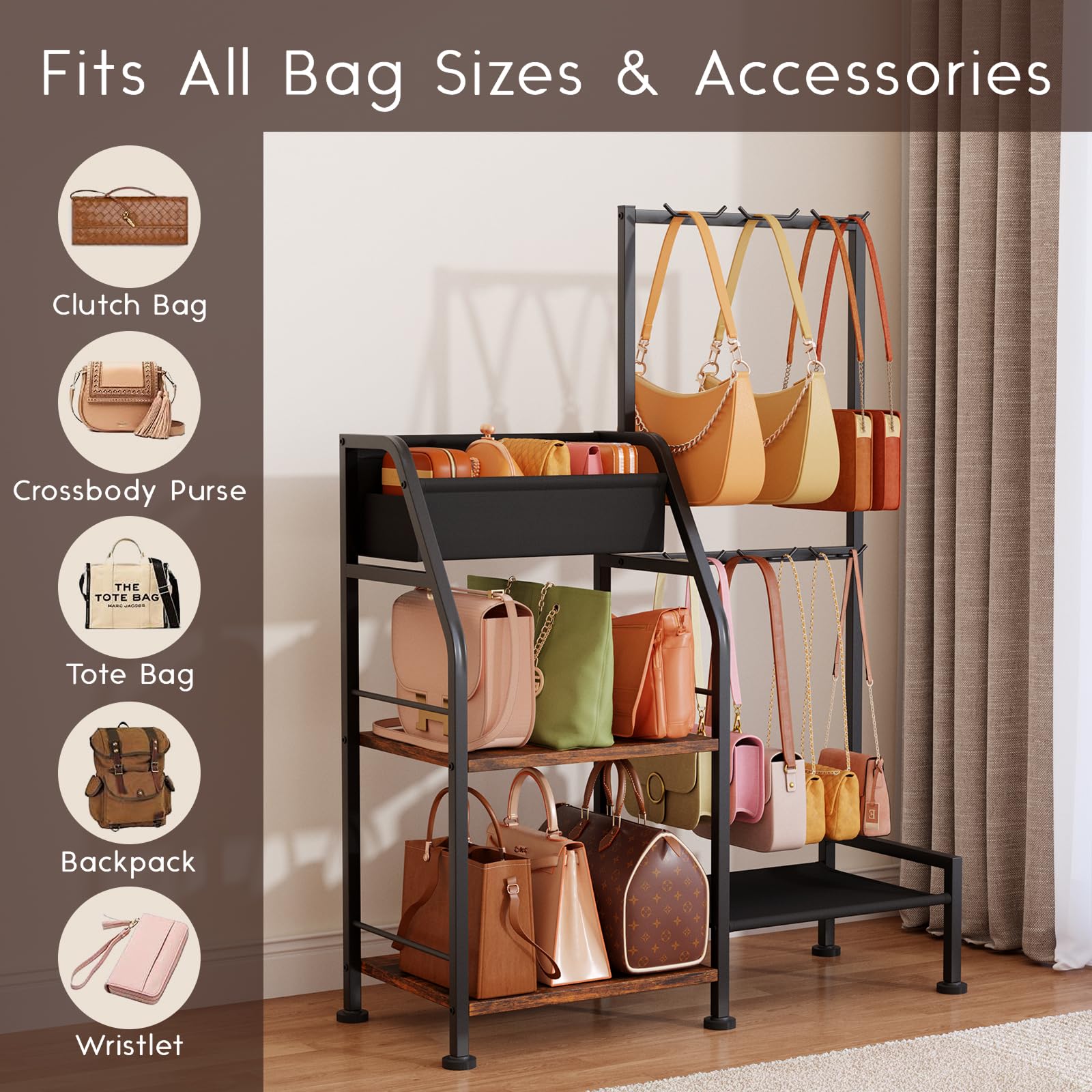 Homsorout Purse Organizer for Closet - Purse Rack Stand with 12 Hooks, 2 Wooden Shelves Purse Storage for Closet, Large Capacity Backpack Storage, Handbag Organizer for Home, Living Room, Black