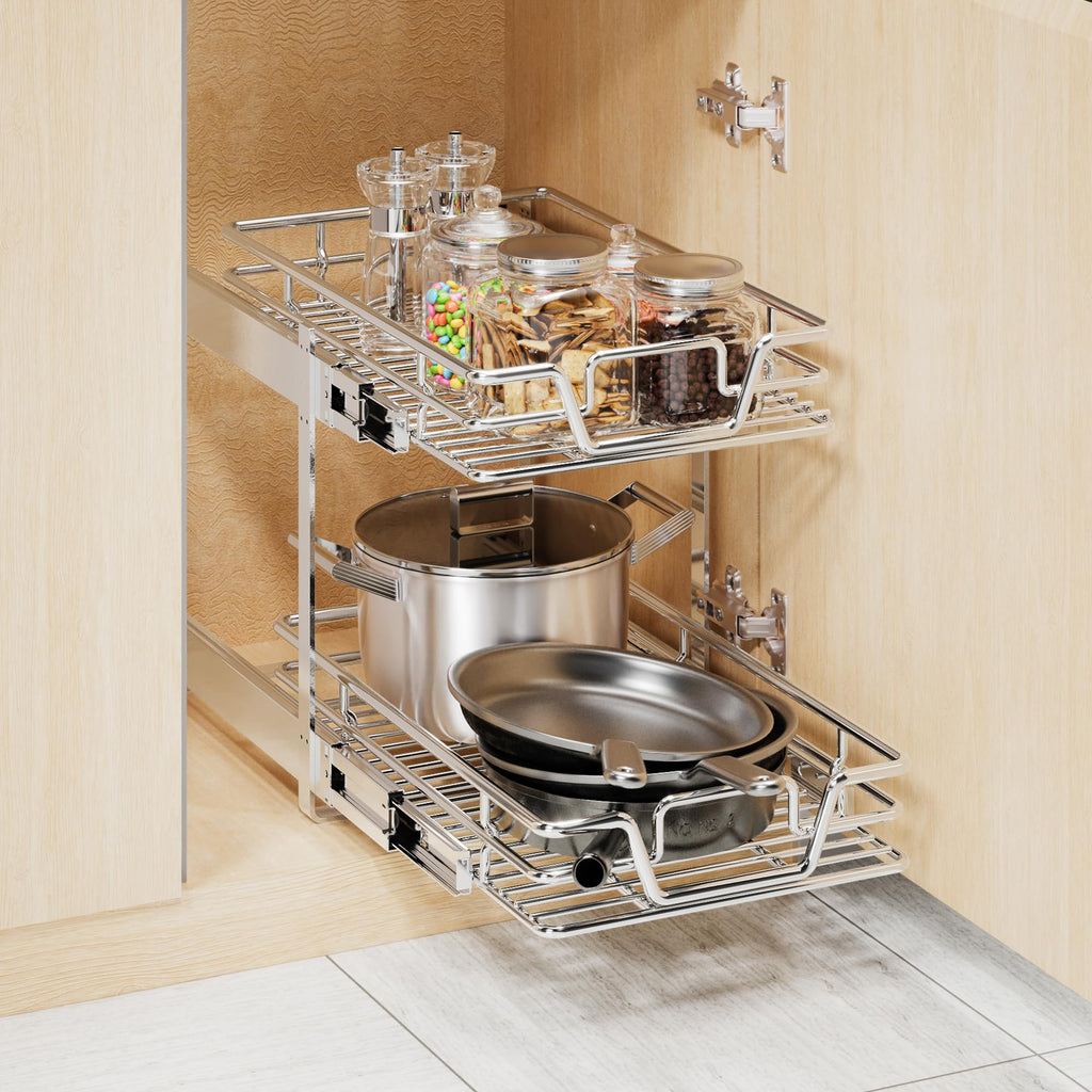 2-Tier Kitchen Cabinet,Pull Out Cabinet Organizer,Shelf and Drawer Organizer Slide Out Pantry Storaqe Basket in Multiple Sizes (12" W x21 D)