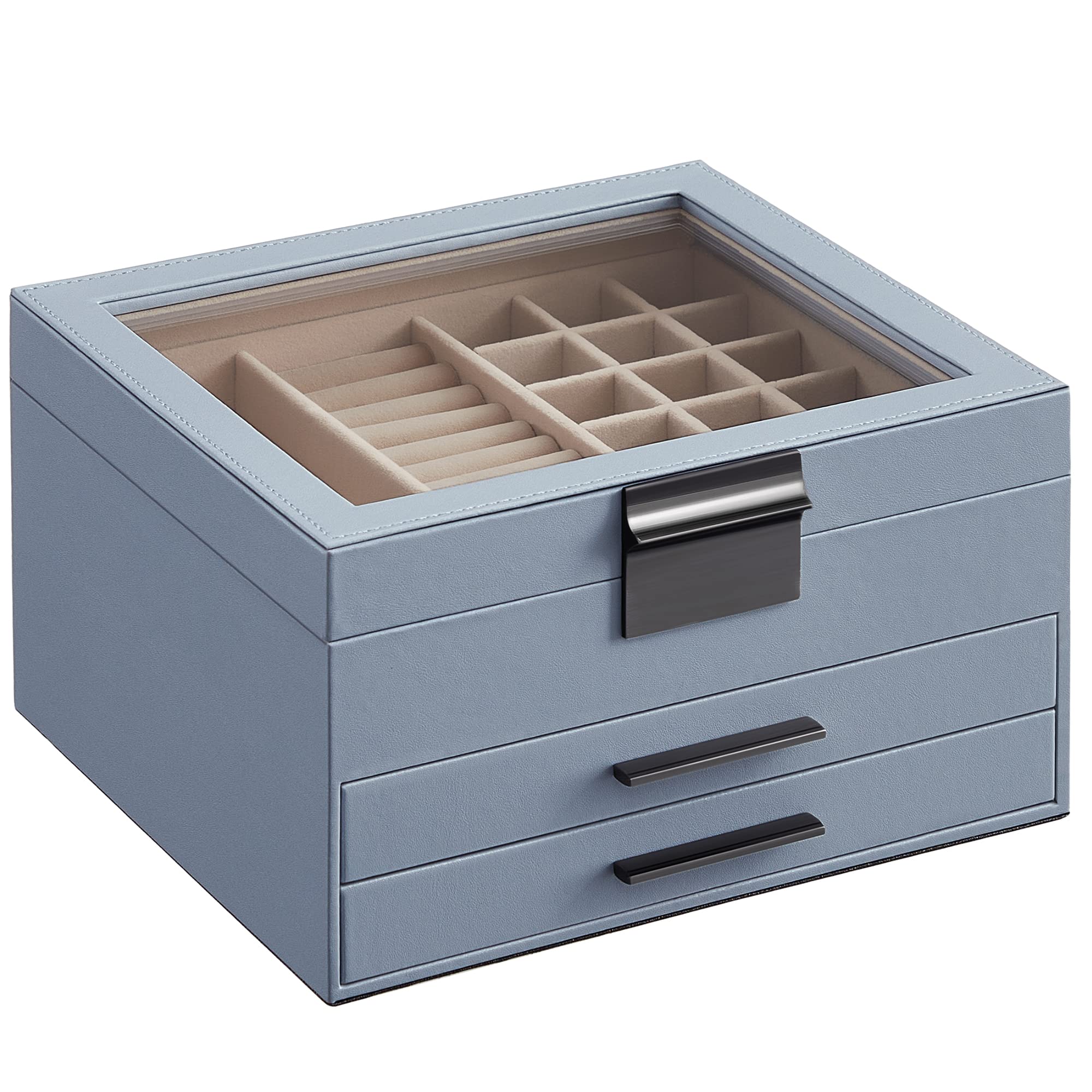 SONGMICS GISELLA Collection - Jewelry Box Organizer, 3-Layer Jewelry Storage with 2 Drawers, Shiny Metal Hardware, Glass Lid, Modern, 8 x 9.1 x 5.3 Inches, Cloud White and Gold Color UJBC239WT