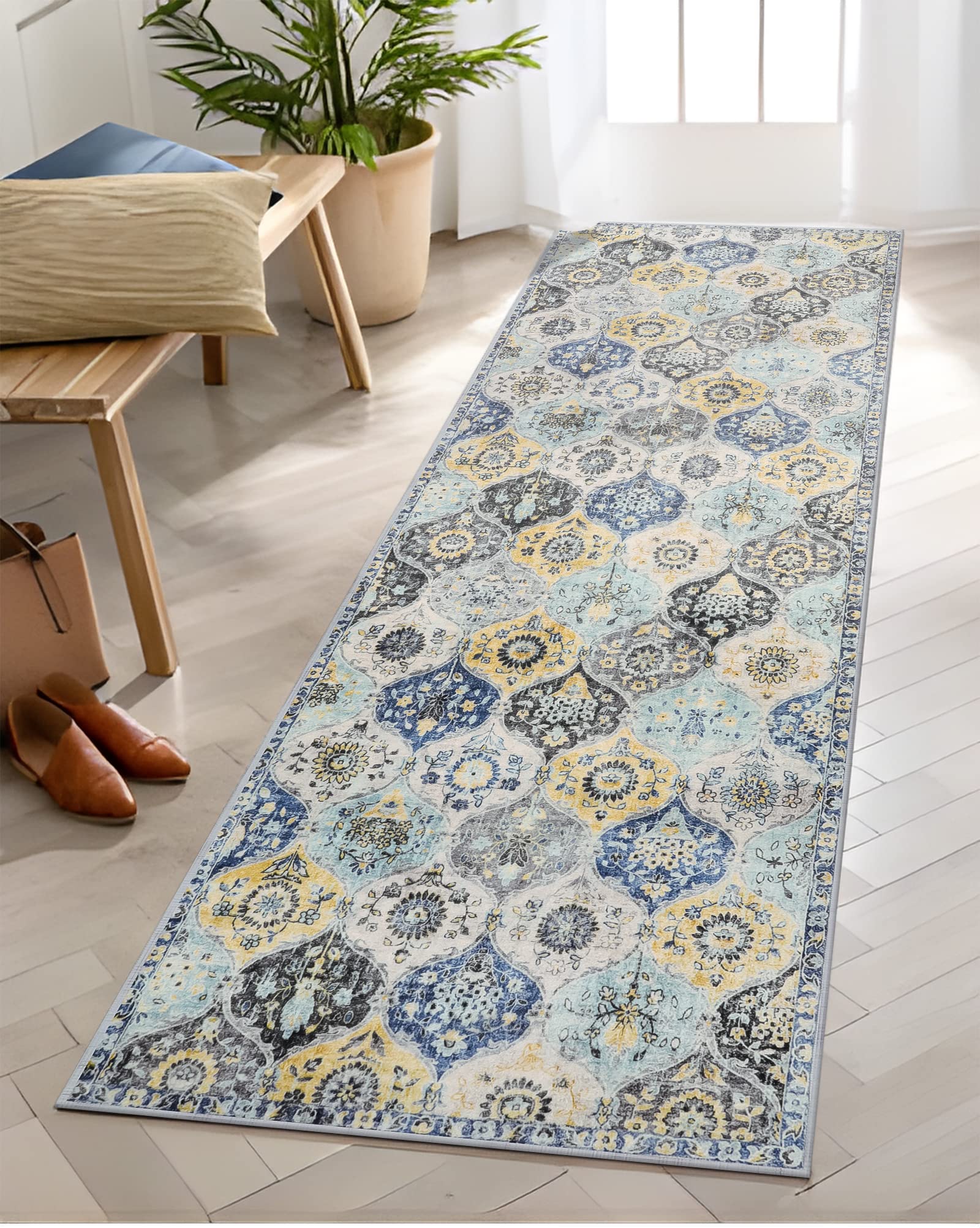 Lahome Moroccan Trellis Washable Rug, 2x3 Kitchen Rugs for Entryway Bathroom, Non-Slip Indoor Door Mat Ultra-Thin, Small Oriental Throw Carpet for Bedroom Entry Elise, Cream/Multi