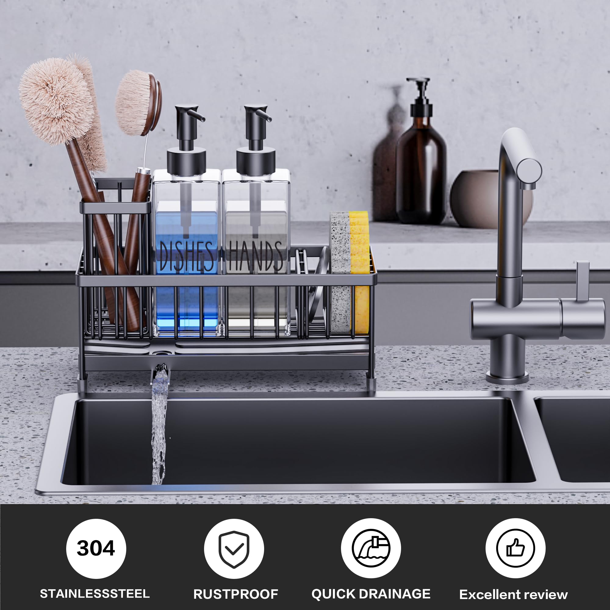 Cisily Juego de dispensador de jabón de cocina con organizador para fregadero, botella de vidrio de 12 onzas, dispensador de jabón para manos y platos con soporte para esponja, accesorios organizadores de fregadero de cocina de acero inoxidable negro