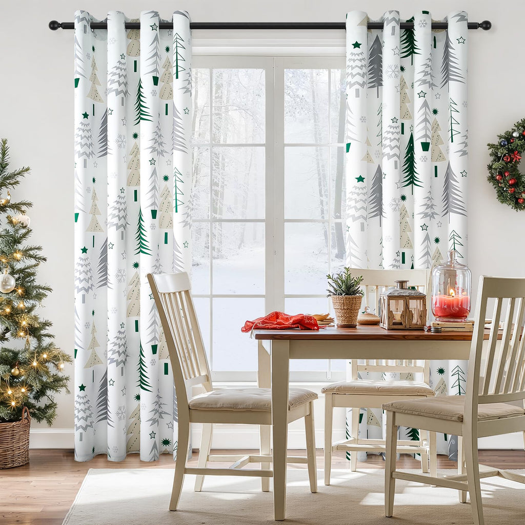 Topfinel Christmas Curtains 84 Inch Length for Living Room 2 Panels Set,Grommet Xmas Decoration Window Curtains with Christmas Tree and Snowflake Print for Bedroom,Set of 2,52x84 Inches Long,White