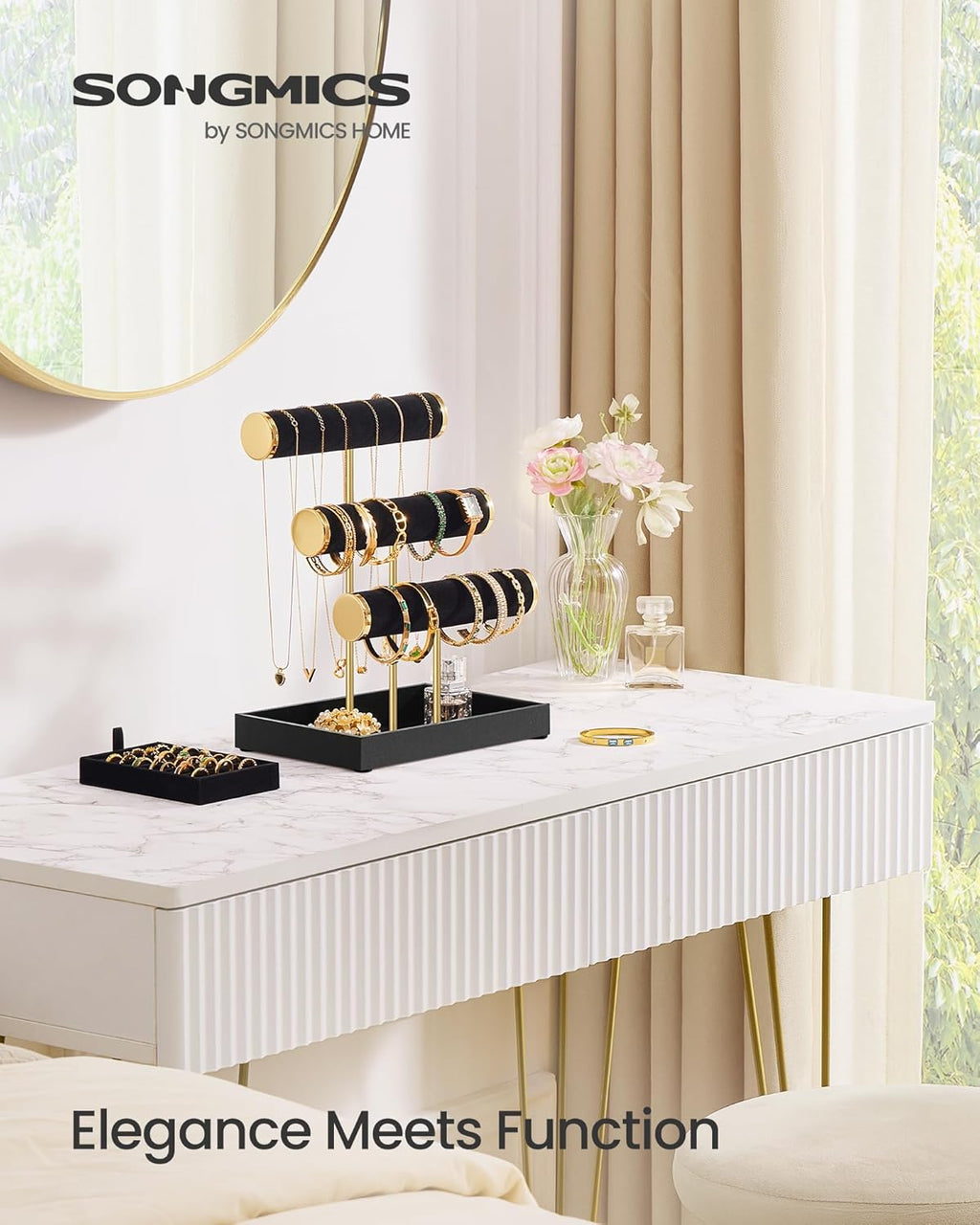 SONGMICS Bracelet Holder Stand, Jewelry Display Stand, Jewelry Organizer, with 3 Tiers and Velvet Tray, Removable Ring Holder, Ink Black UJJS027B01