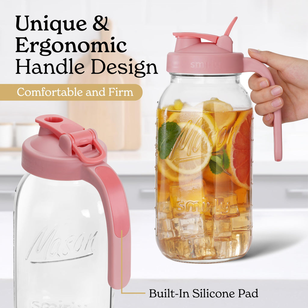 SMIRLY 64 oz Mason Jar Pitcher,Glass Pitcher with Wide Mouth,Water Jug with Double Leak Proof Lid for Iced Coffee,Hot Water,Breast Milk