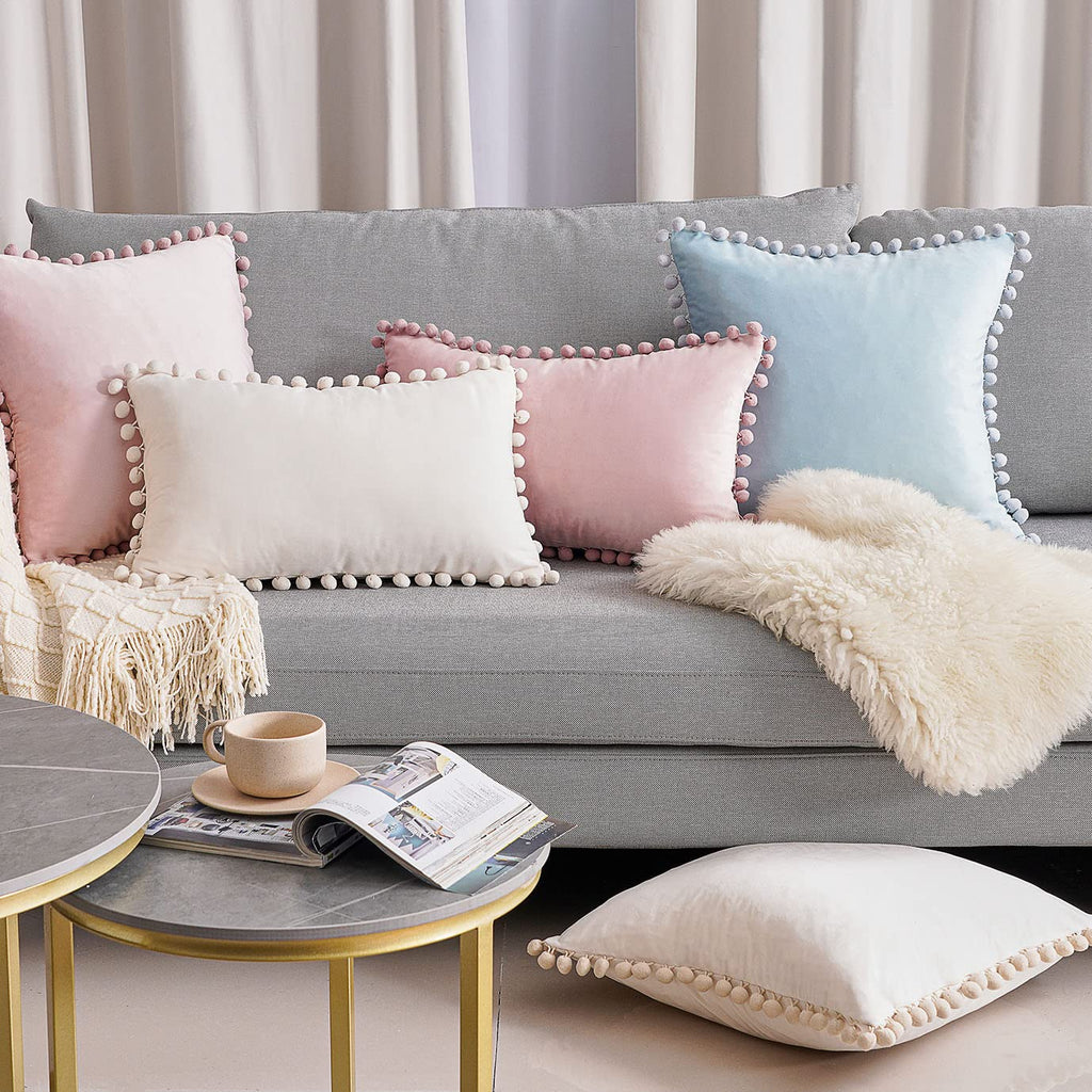 Top Finel Blush Pink Throw Pillow Covers 18x18 Inches for Couch Aesthetic Decorative Sofa Pillow Covers Set of 2 Soft Velvet Cushion Cover Pillow Cases with Pom-poms for Bedroom Livingroom Office Car