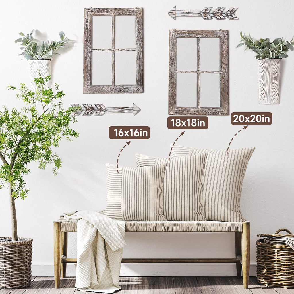 YCOLL Farmhouse Pillow Covers 18x18, Modern Accent Square Throw Pillow Covers Set of 2, Gray and Beige Striped Patchwork Linen Decorative Pillows Cushion Covers for Couch Chair Bedroom Home Decor