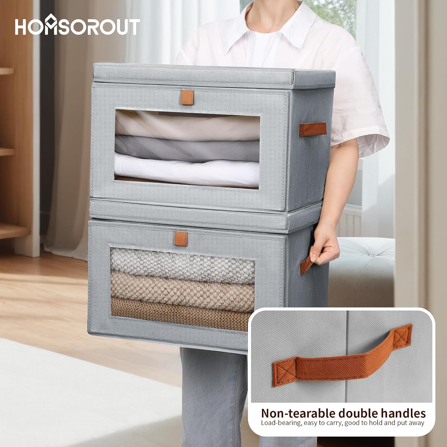 Homsorout Large Storage Bins with Lids - Fabric Collapsible Closet Storage Organizer with Window & Handles, Stackable Decorative Storage Boxes for Clothes, Blankets, Sweaters, 6 Pack, Beige