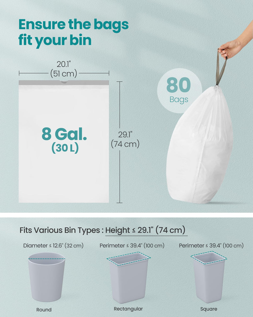 SONGMICS Trash Bags for 8-Gallon (30 L) Trash Cans, Drawstring Kitchen Garbage Bags, Pre-Separated, Liner Code 30A, 2 Rolls, 90 Count, White UKRB30A02