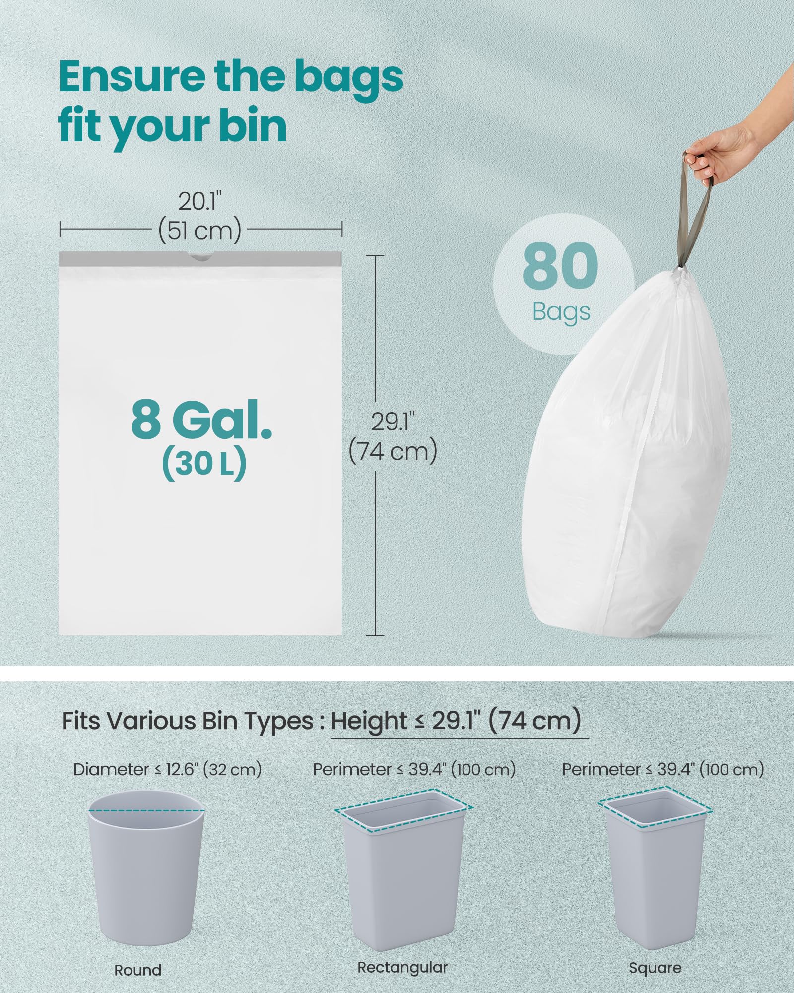 SONGMICS Trash Bags for 8-Gallon (30 L) Trash Cans, Drawstring Kitchen Garbage Bags, Pre-Separated, Liner Code 30A, 2 Rolls, 90 Count, White UKRB30A02