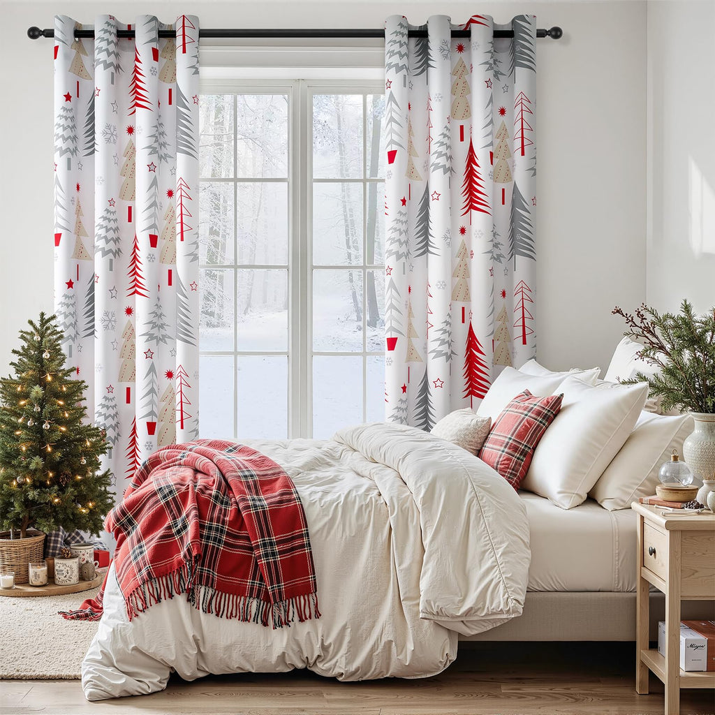 Topfinel Christmas Curtains 84 Inch Length for Living Room 2 Panels Set,Grommet Xmas Decoration Window Curtains with Christmas Tree and Snowflake Print for Bedroom,Set of 2,52x84 Inches Long,White