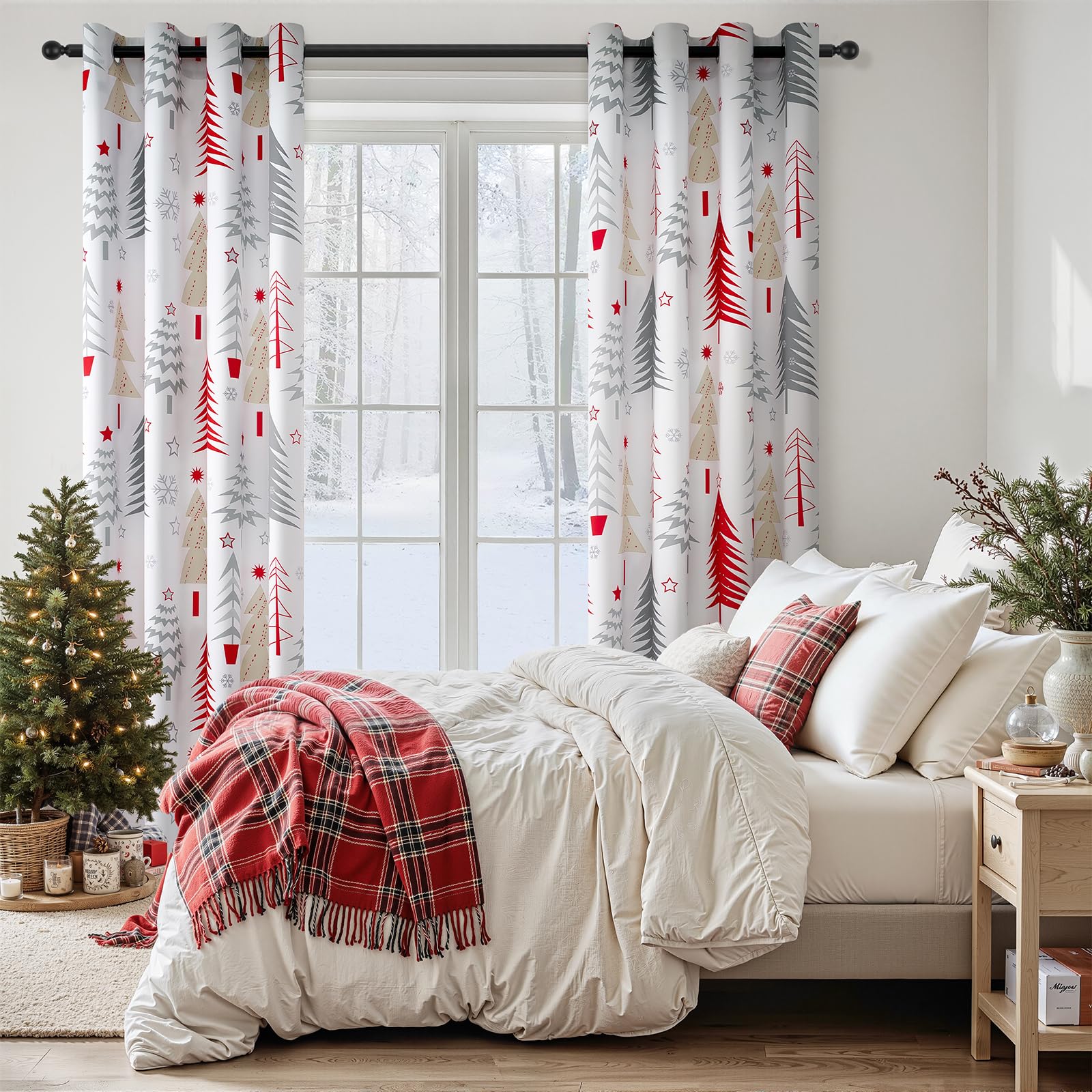 Topfinel Christmas Curtains 84 Inch Length for Living Room 2 Panels Set,Grommet Xmas Decoration Window Curtains with Christmas Tree and Snowflake Print for Bedroom,Set of 2,52x84 Inches Long,White