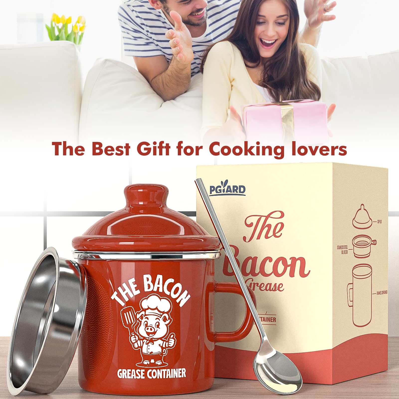 PGYARD Mini Bacon Grease Saver With Strainer - 15OZ Enamel Grease Container, Farmhouse Bacon Grease Keeper For Kitchen Fat Storage, Dishwasher Safe-Red